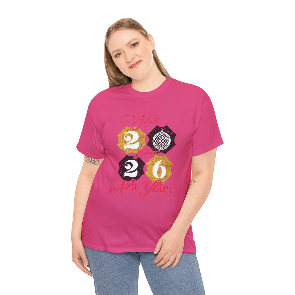 2026 Happy New Year Pink Varsity Tee — Fireworks Party Graphic.Unisex Cotton Tee