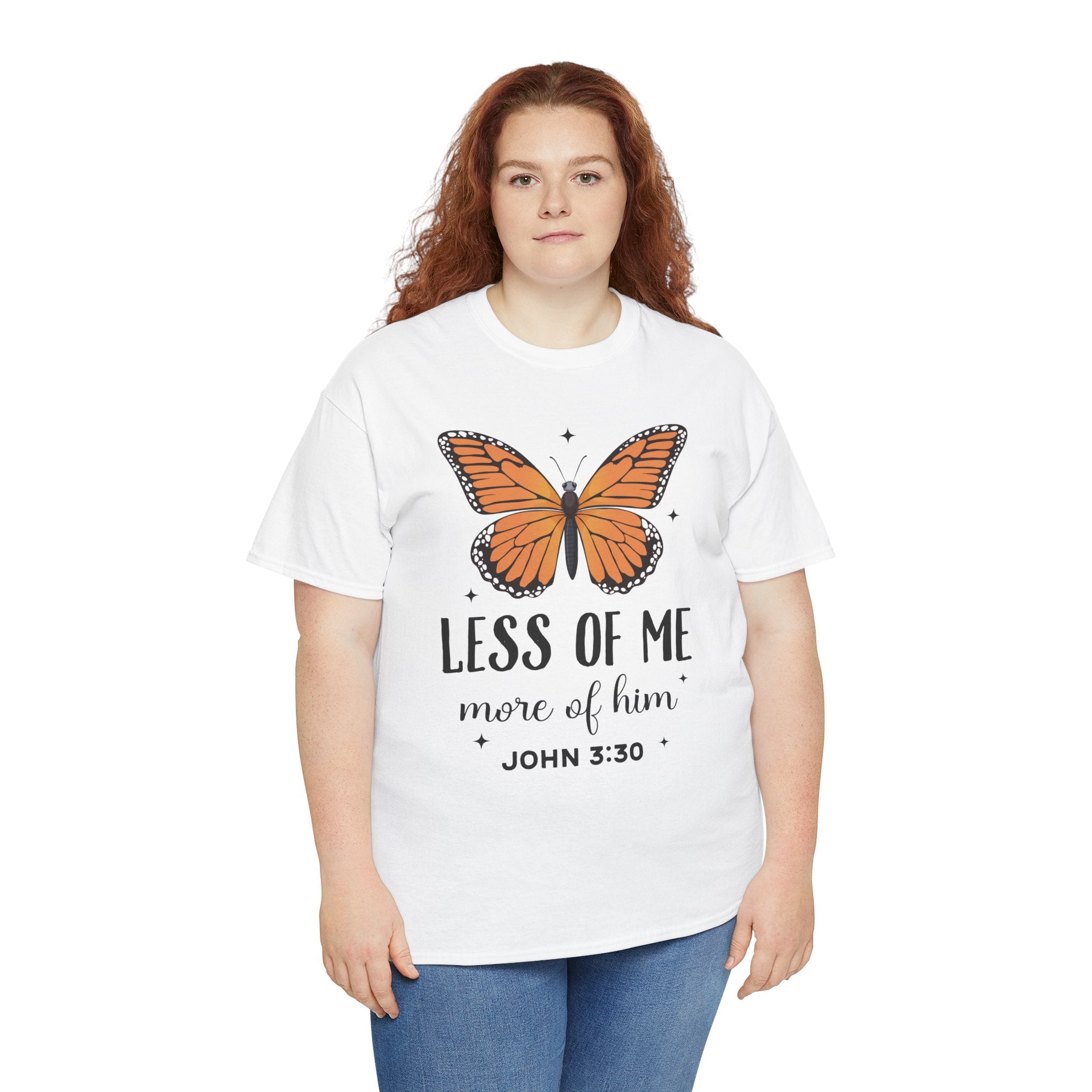 Monarch Butterfly Tee — "Less of Me, More of Him" Christian Unisex cotton T‑Shirt