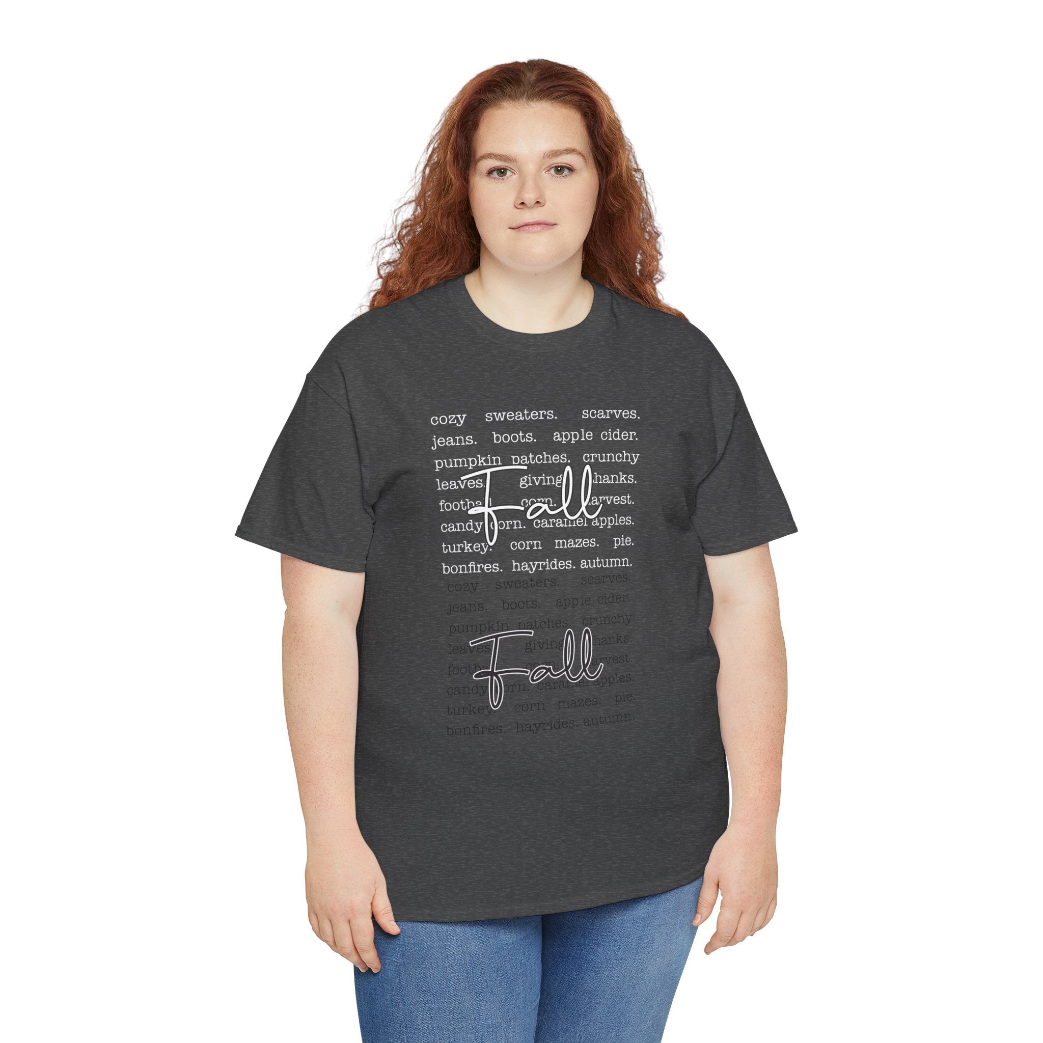 Fall Cursive Typography T-Shirt — Sweaters, Cider & Pumpkins. Unisex Cotton Tee