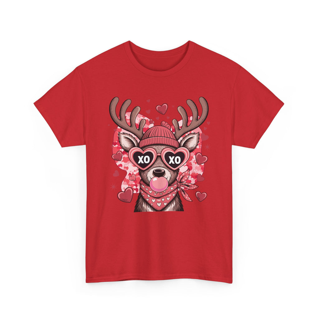 Valentine Deer Tee — Cute XO Heart Glasses, Beanie & Scarf Unisex Cotton Tshirt