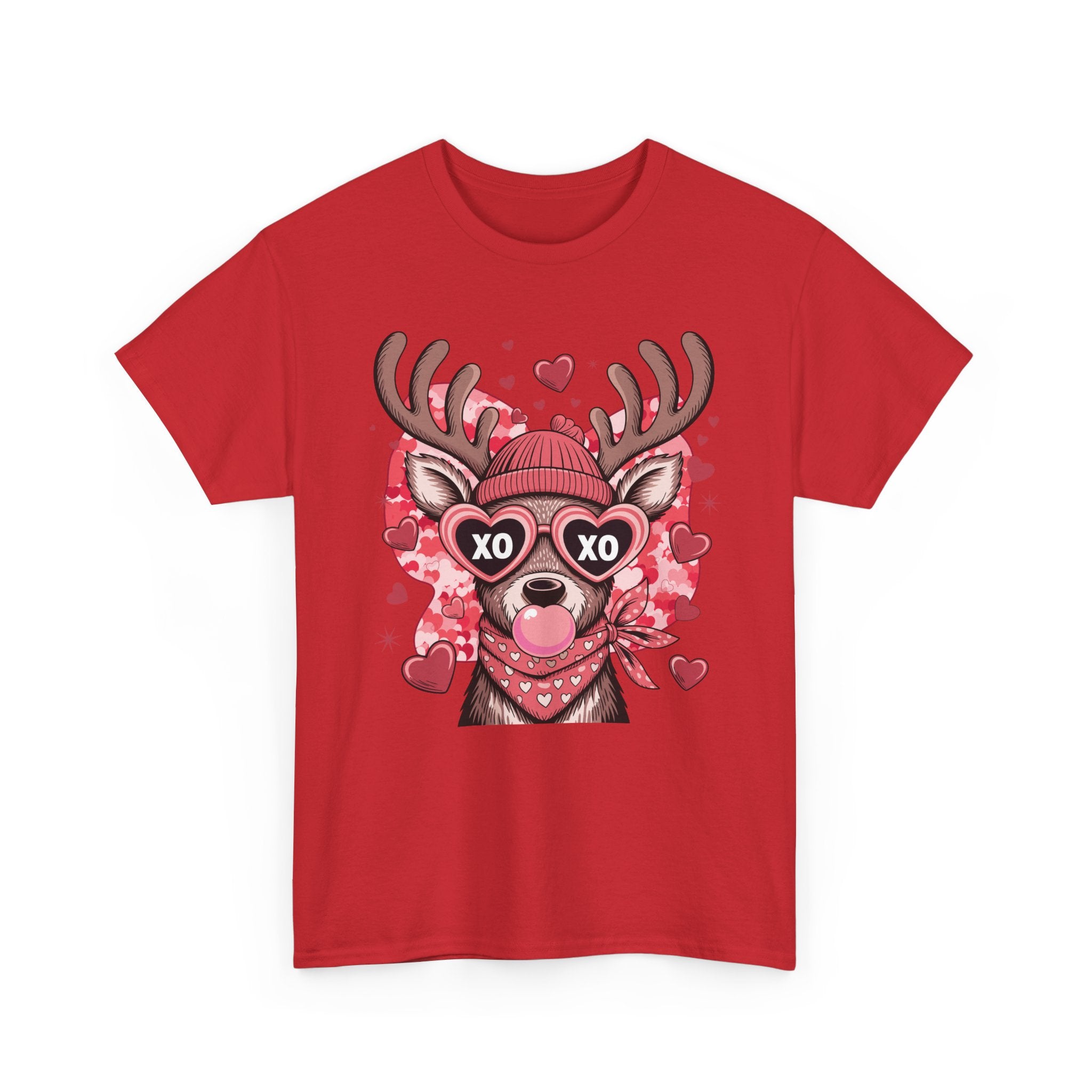 Valentine Deer Tee — Cute XO Heart Glasses, Beanie & Scarf Unisex Cotton Tshirt