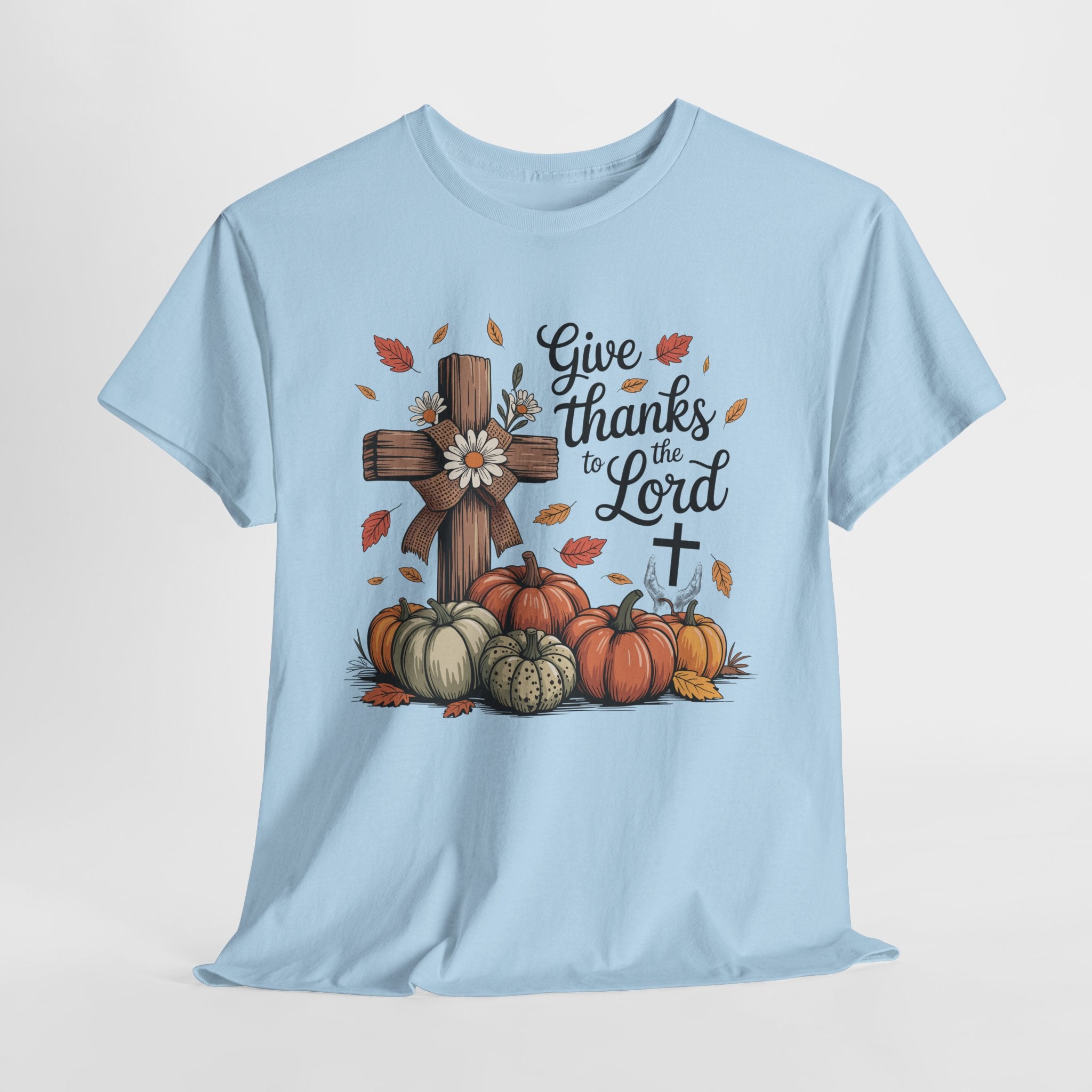 Give Thanks to the Lord Autumn Tee — Wooden Cross, Pumpkins & Daisies..Unisex Cotton Tee