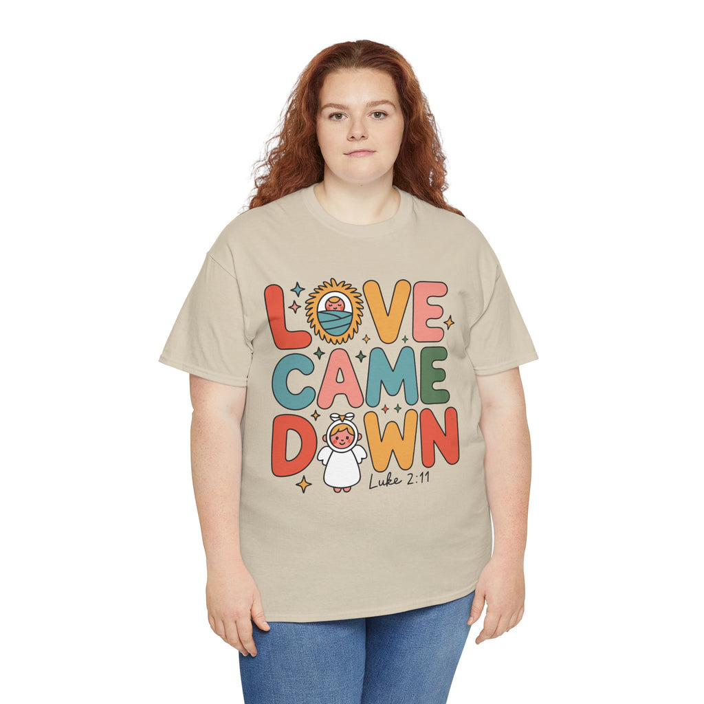 Love Came Down Christmas Tee — Baby Jesus Manger Angel (Luke 2:11)..Unisex Cotton Tee