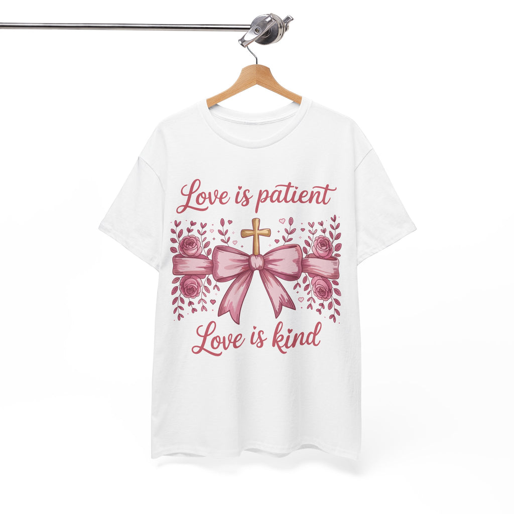 Christian Floral Tee — "Love is Patient, Love is Kind" Pink Rose Cross. Unisex Cotton Tee