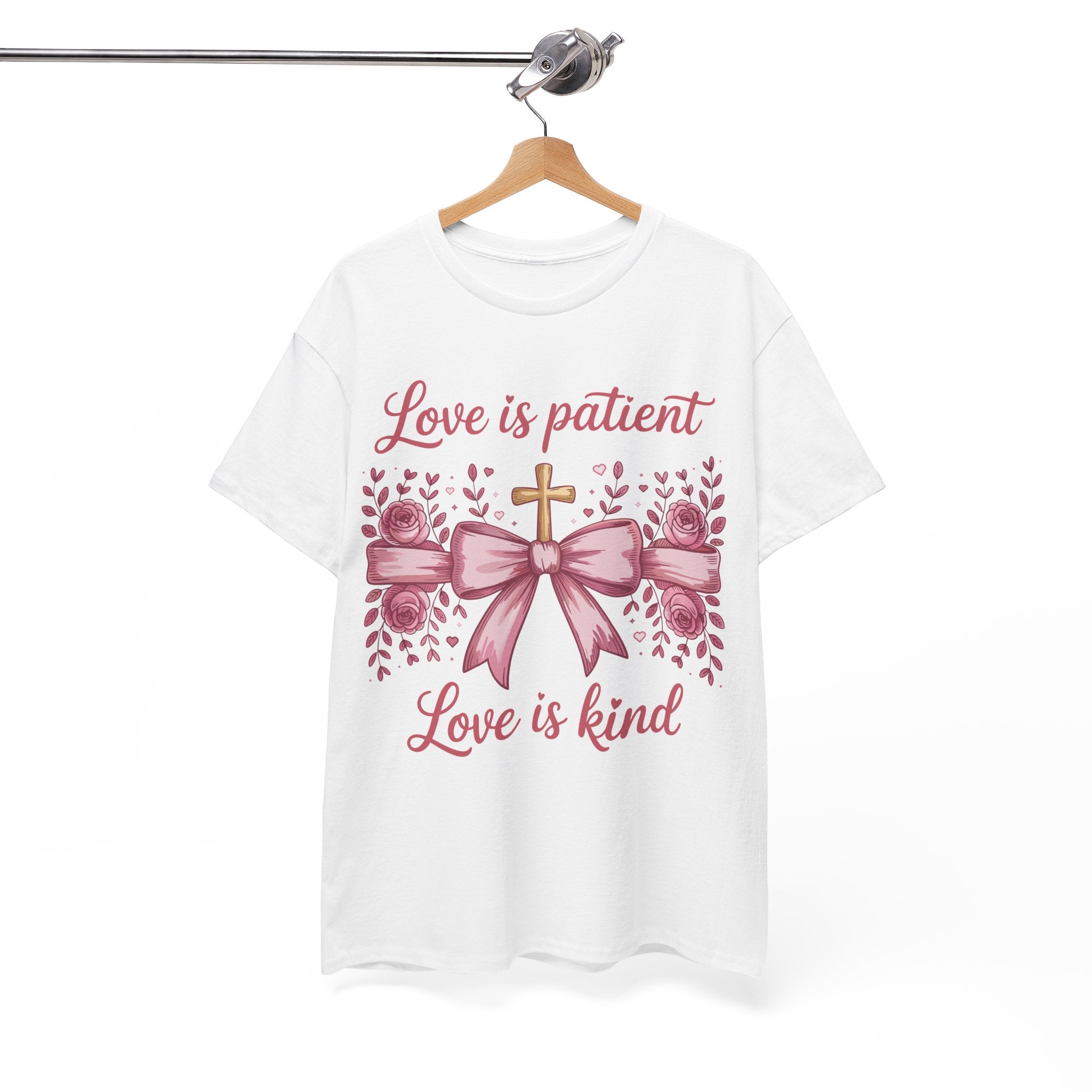 Christian Floral Tee — "Love is Patient, Love is Kind" Pink Rose Cross. Unisex Cotton Tee