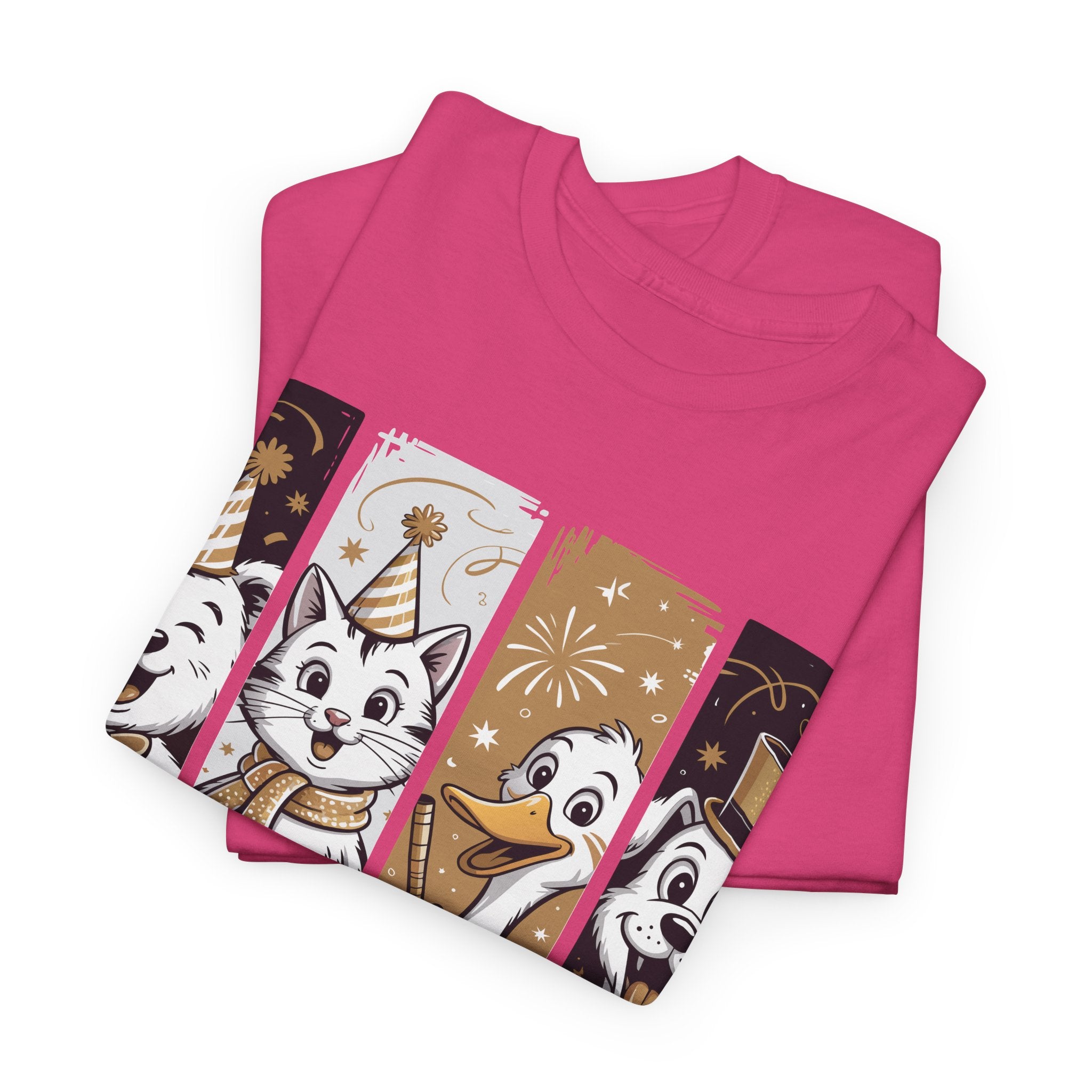 Happy New Year Party Animals T-Shirt — Cute Smiling Animals in Party Hats & Gold Fireworks..Unisex Cotton Tee