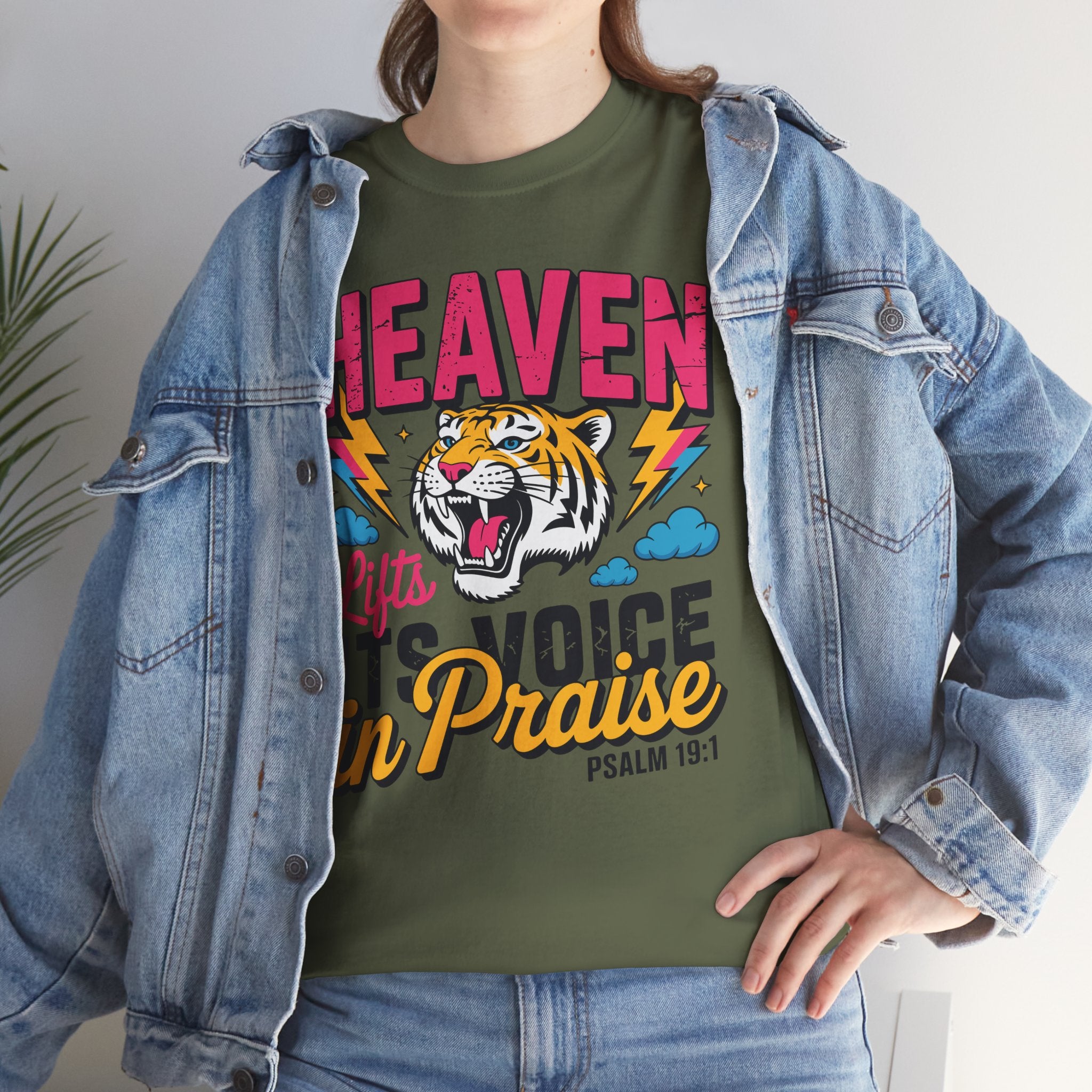 Psalm 19:1 Tiger Praise T-Shirt — Bold Christian Roaring Tiger Graphic.Unisex Cotton Tee
