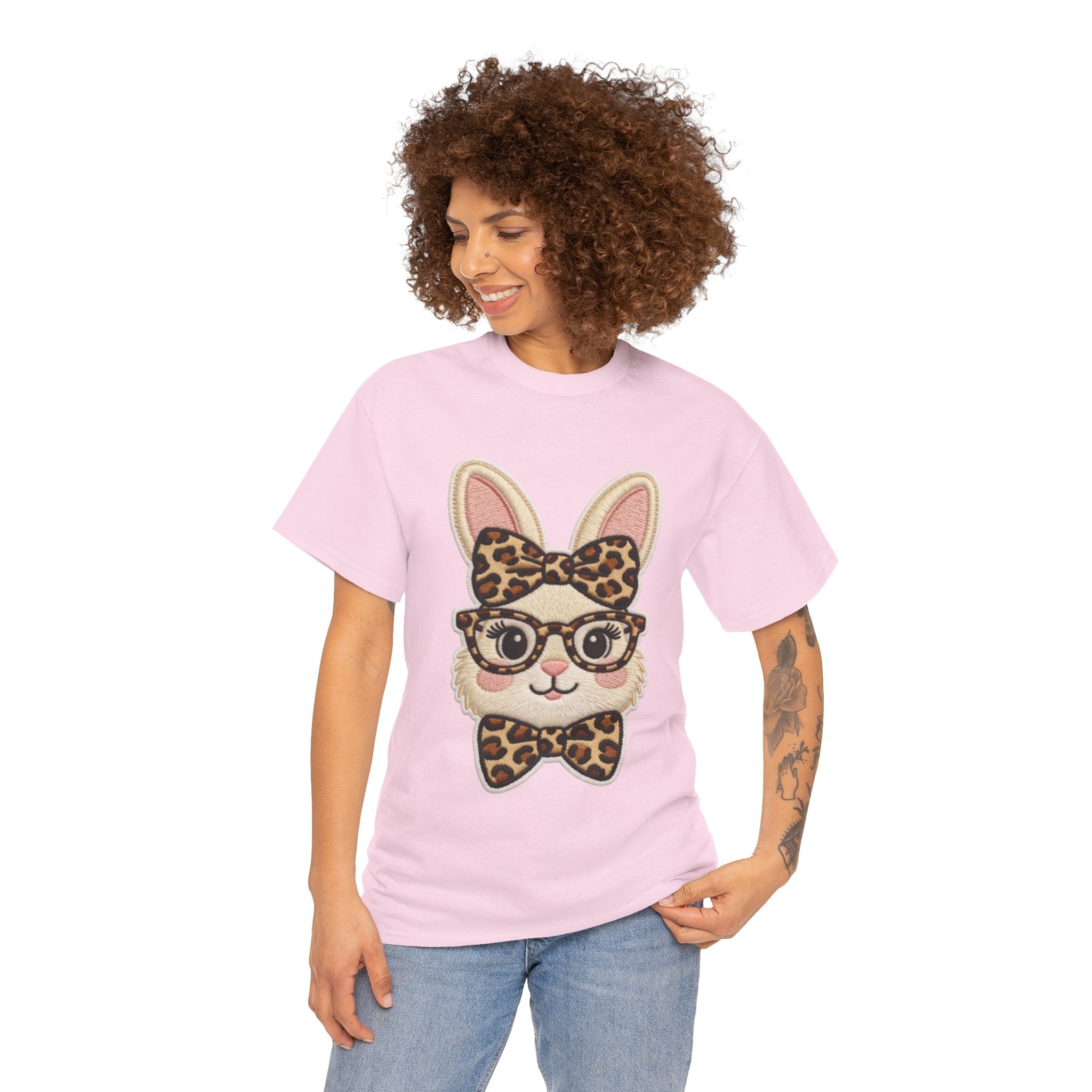 Leopard Bow Bunny Embroidered Tee — Cute Bunny Face with Glasses Patch Unisex Cotton Tee