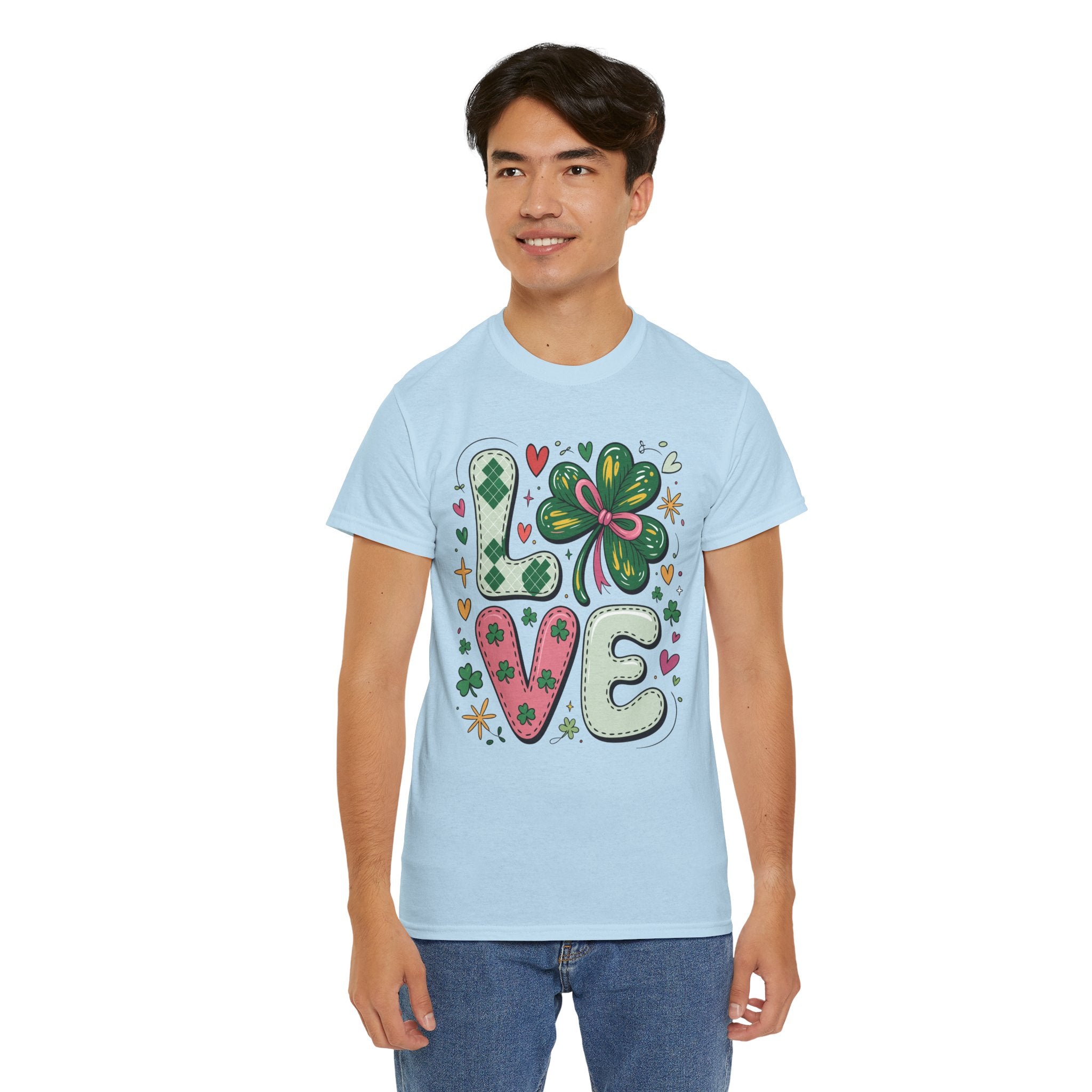 Stitched Clover 'LOVE' Tee — Heart & Patchwork St. Patrick's Unisex Cotton T-Shirt