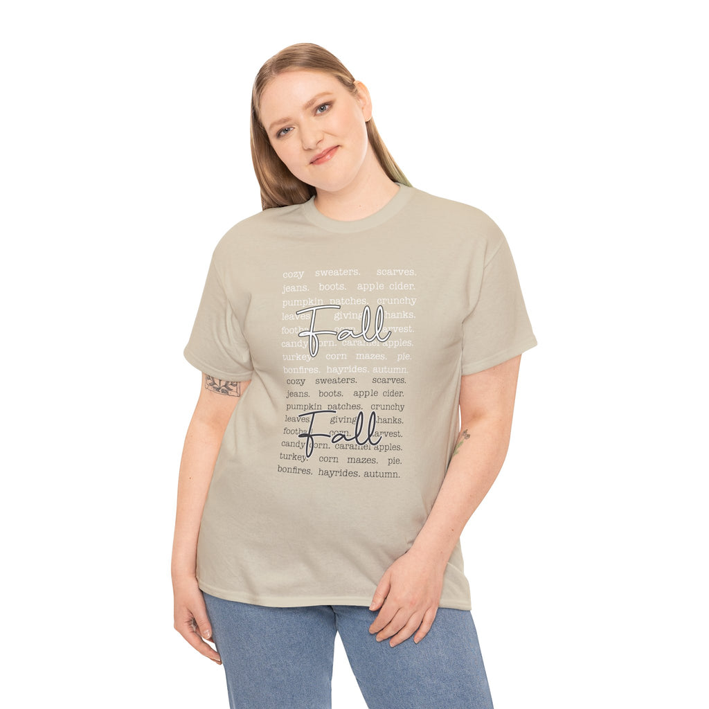 Fall Cursive Typography T-Shirt — Sweaters, Cider & Pumpkins. Unisex Cotton Tee