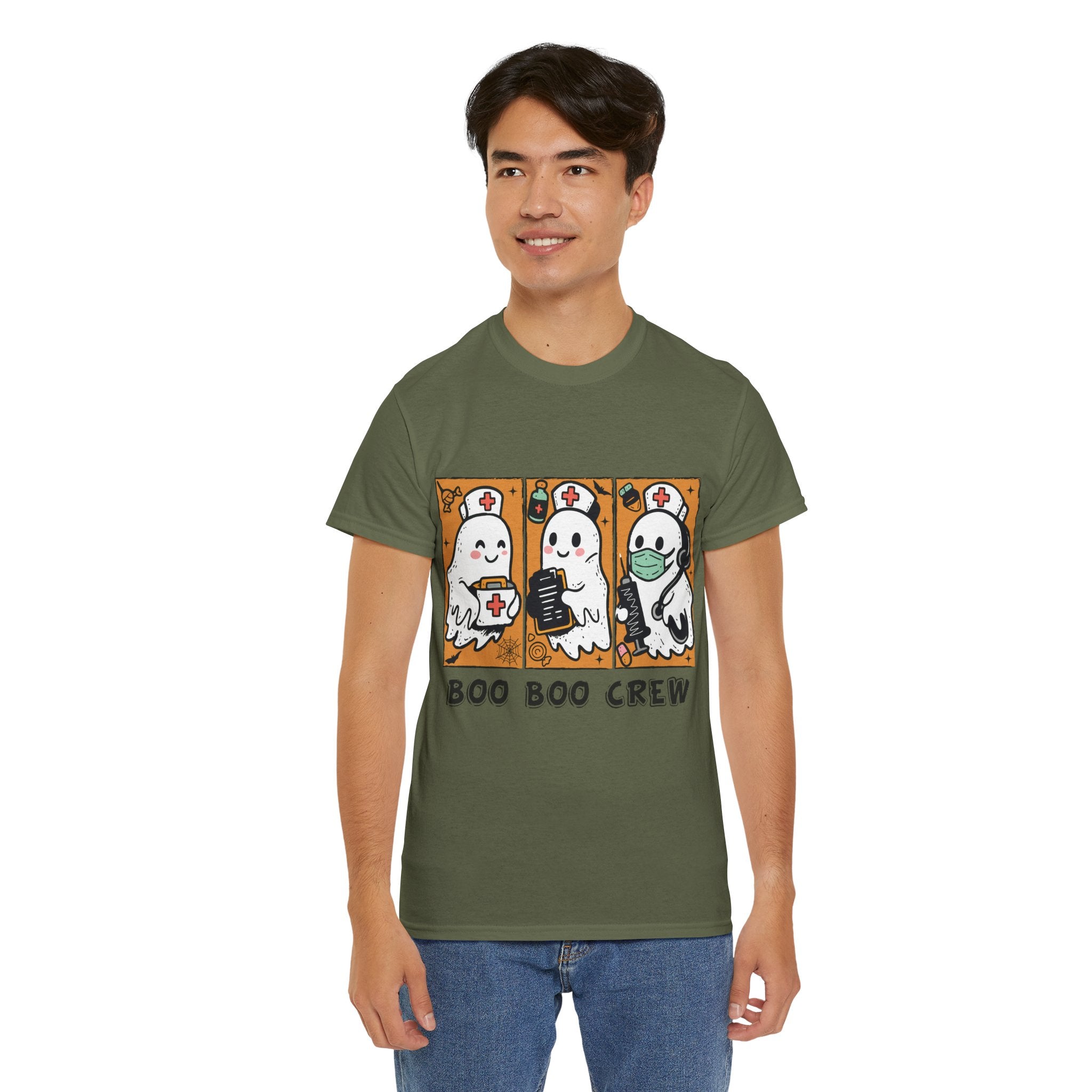 Halloween Nurse T-Shirt — Ghost Nurses Holding Medical Tools on Orange Unisec Cotton Tee