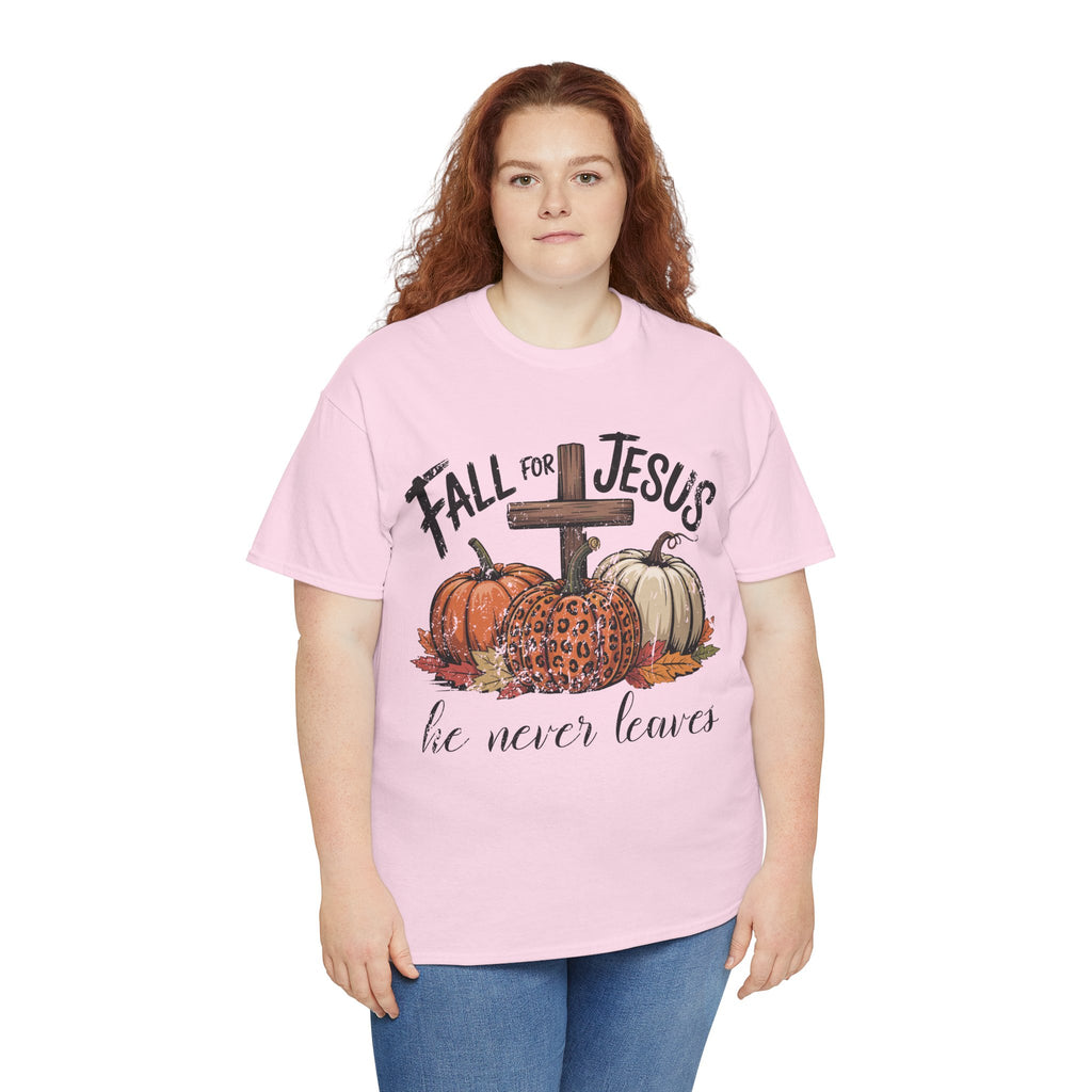 Fall for Jesus Pumpkin Cross Tee — "He Never Leaves" Autumn Christian Unisex Cotton T-Shirt