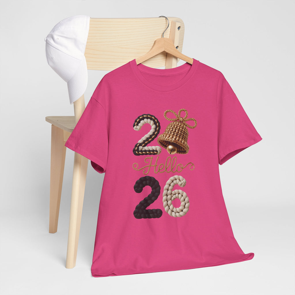Hello 2026 Tee — Cozy Faux Yarn Braided Numbers with Woven Golden Bell..Unisex Cotton Tee