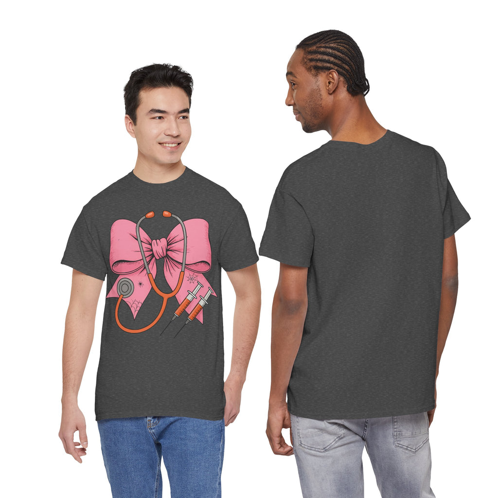 Halloween Nurse T‑Shirt — Pink Nurse Bow with Stethoscope, Syringes & Spider Webs..Unisex Cotton Tee