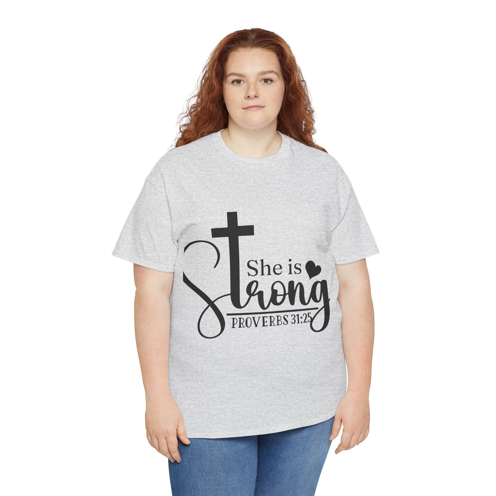 Proverbs 31:25 'She is Strong' T-Shirt – Christian Cross & Heart Unisex Cotton Tee