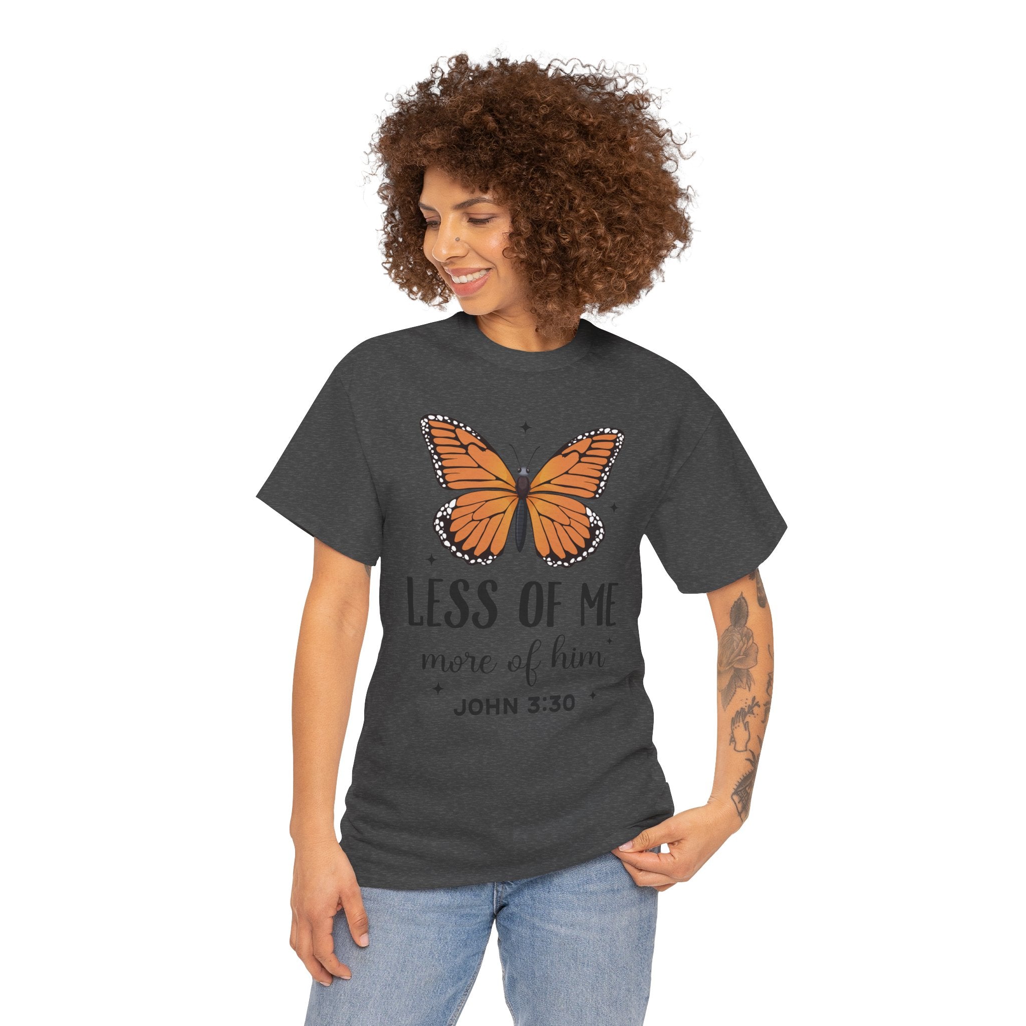 Monarch Butterfly Tee — "Less of Me, More of Him" Christian Unisex cotton T‑Shirt