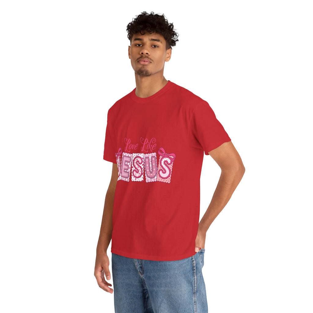 Love Like Jesus Patchwork Tee — Pink Stitched Heart Graphic.Unisex Cotton Tee