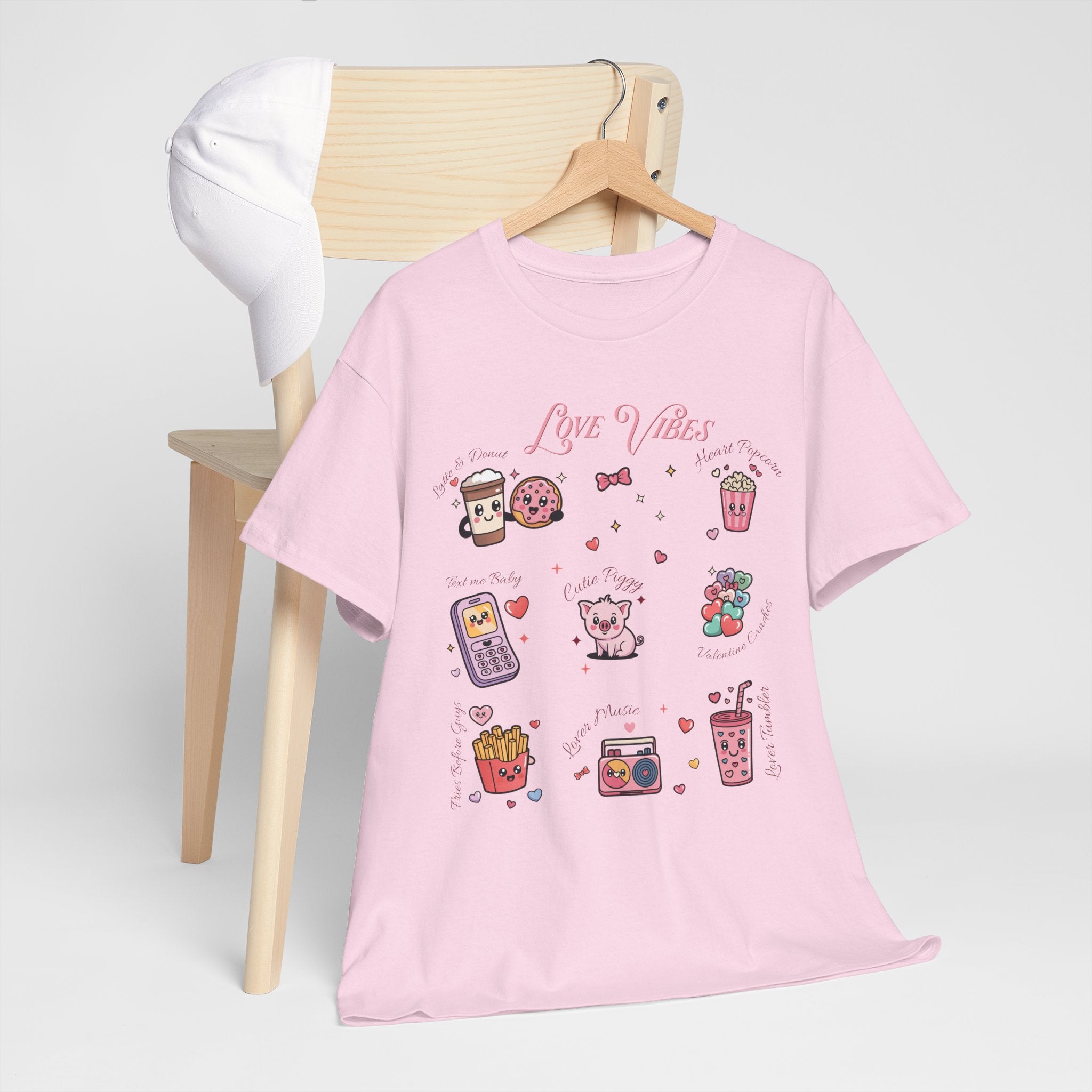 Love Vibes Kawaii Valentine T-Shirt — Cute Donut, Coffee & Piglet Design Unisex Cotton Tee