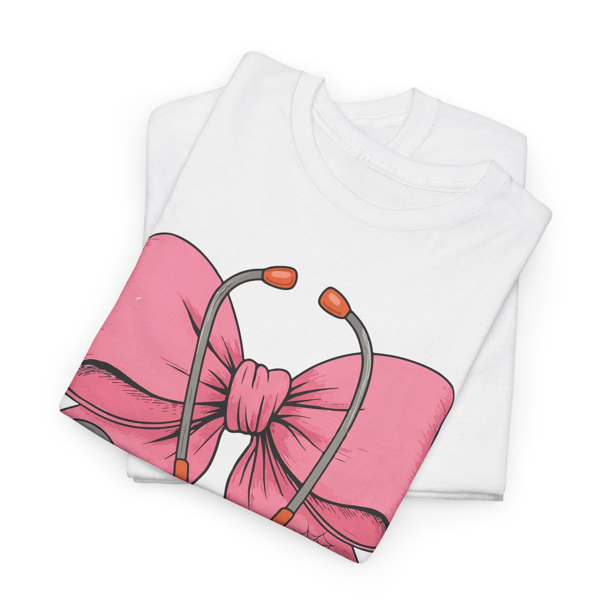 Halloween Nurse T‑Shirt — Pink Nurse Bow with Stethoscope, Syringes & Spider Webs..Unisex Cotton Tee