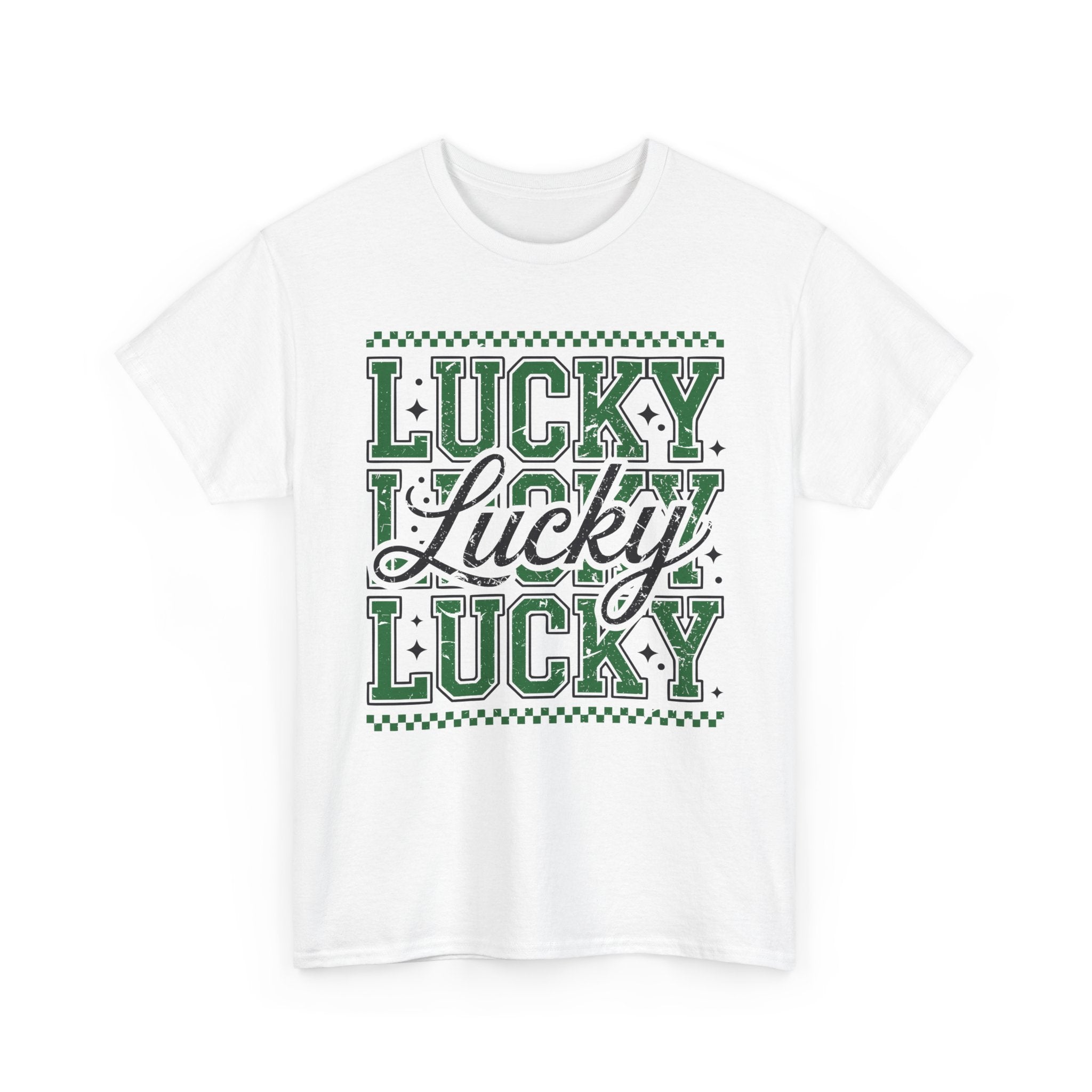 Lucky Varsity Tee — Layered Green ‘Lucky’ Graphic Unisex Cotton Tee