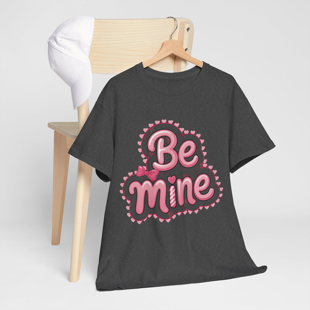 Be Mine Valentine T-Shirt — Pink Bubble Letters with Hearts & Bow..Unisex Cotton Tee