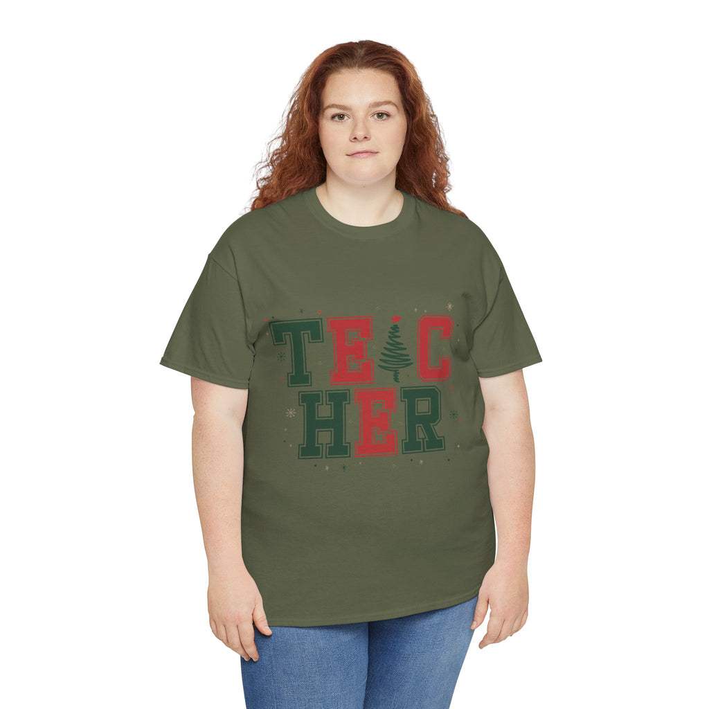 Teacher Christmas Varsity T-Shirt — Red & Green Holiday Unisex Cotton Tee