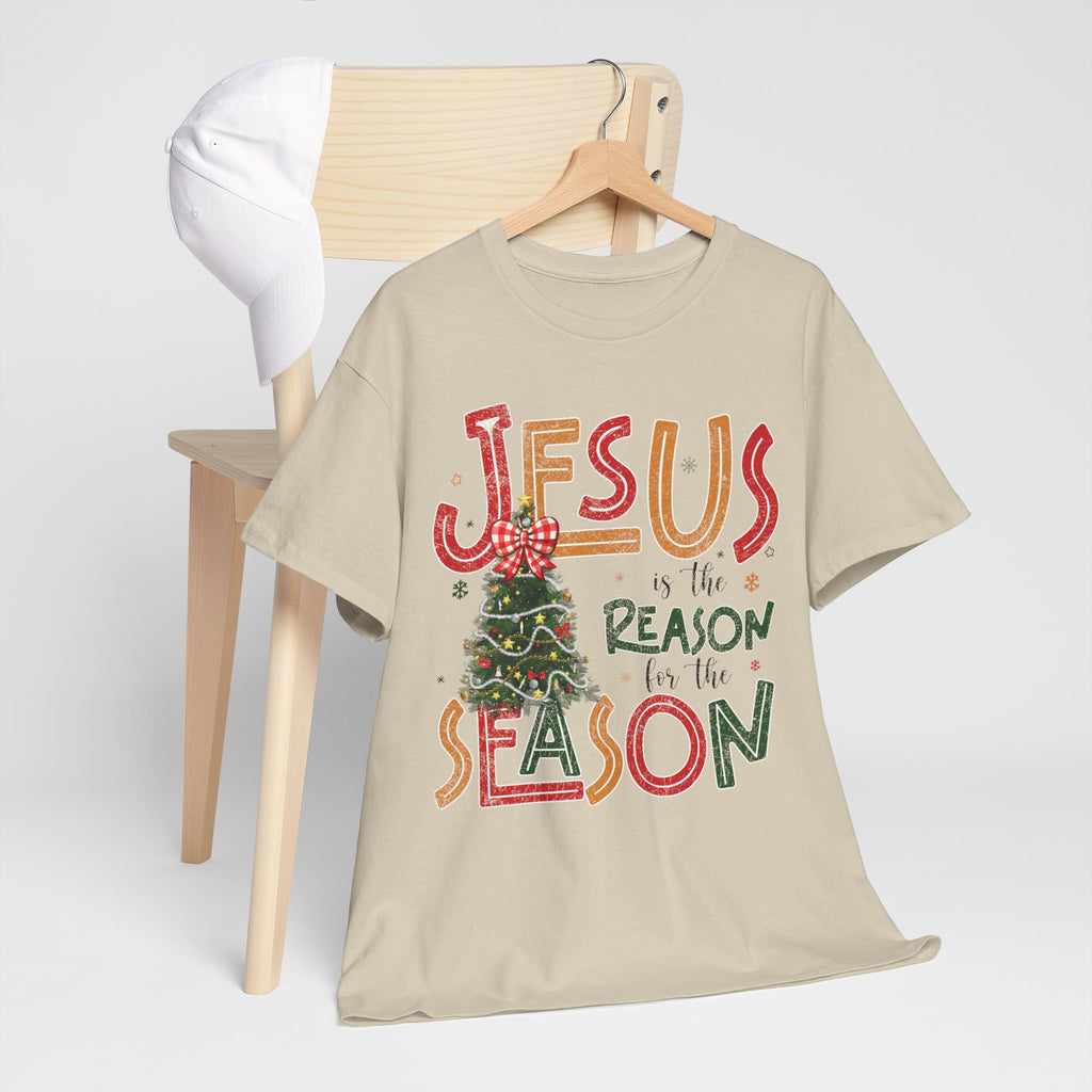 Jesus Is the Reason for the Season Christmas T-Shirt — Plaid Bow Tree..Unisex Cotton Tee
