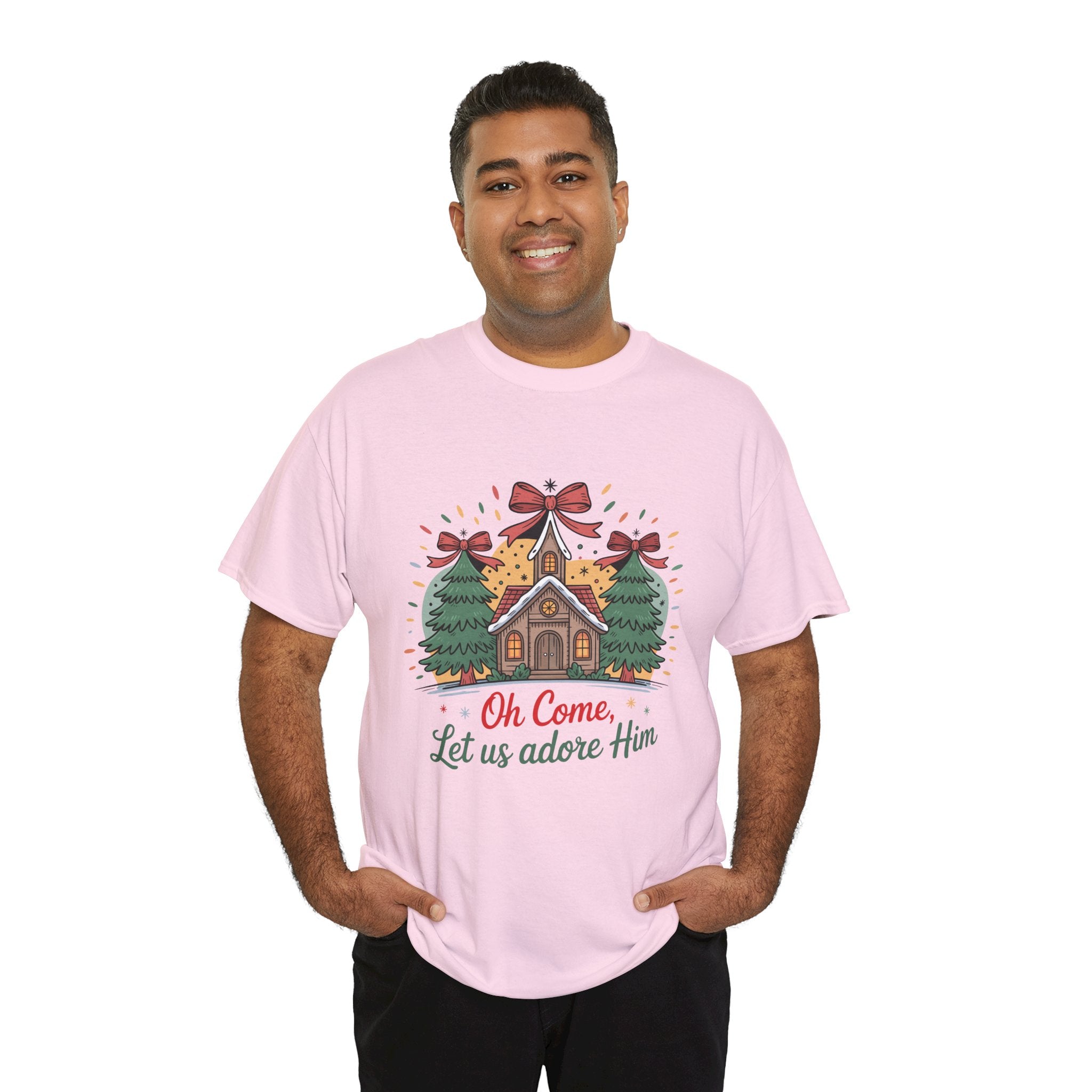 Oh Come Let Us Adore Him Christmas Tee — Church & Trees Holiday Unisex Cotton Tshirt