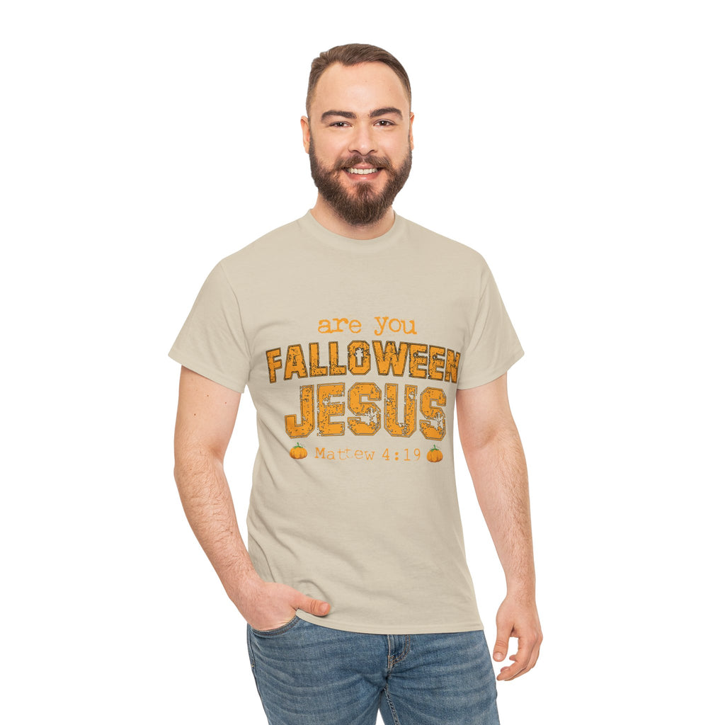 Christian Halloween T-Shirt — “Are You Falloween Jesus? Matthew 4:19” Distressed Pumpkin Design. Unisex Cotton Tee