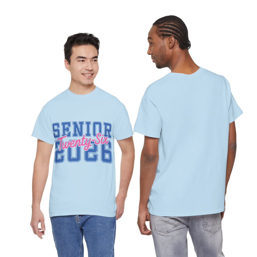 Senior 2026 Tee — Pink Varsity Block with Blue Script Overlay Unisex Cotton Tee
