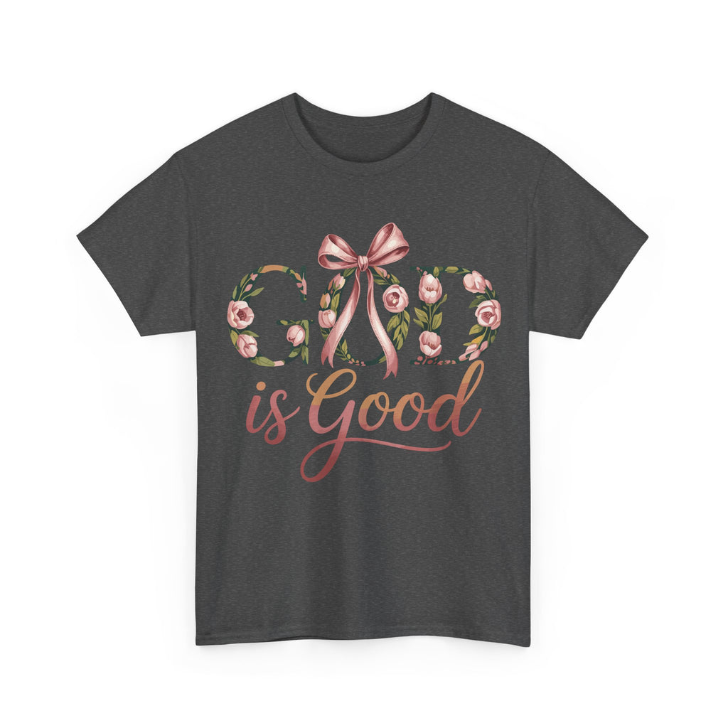 God Is Good Pink Rose Tee — Floral Ribbon Faith Unisex Cotton T-Shirt