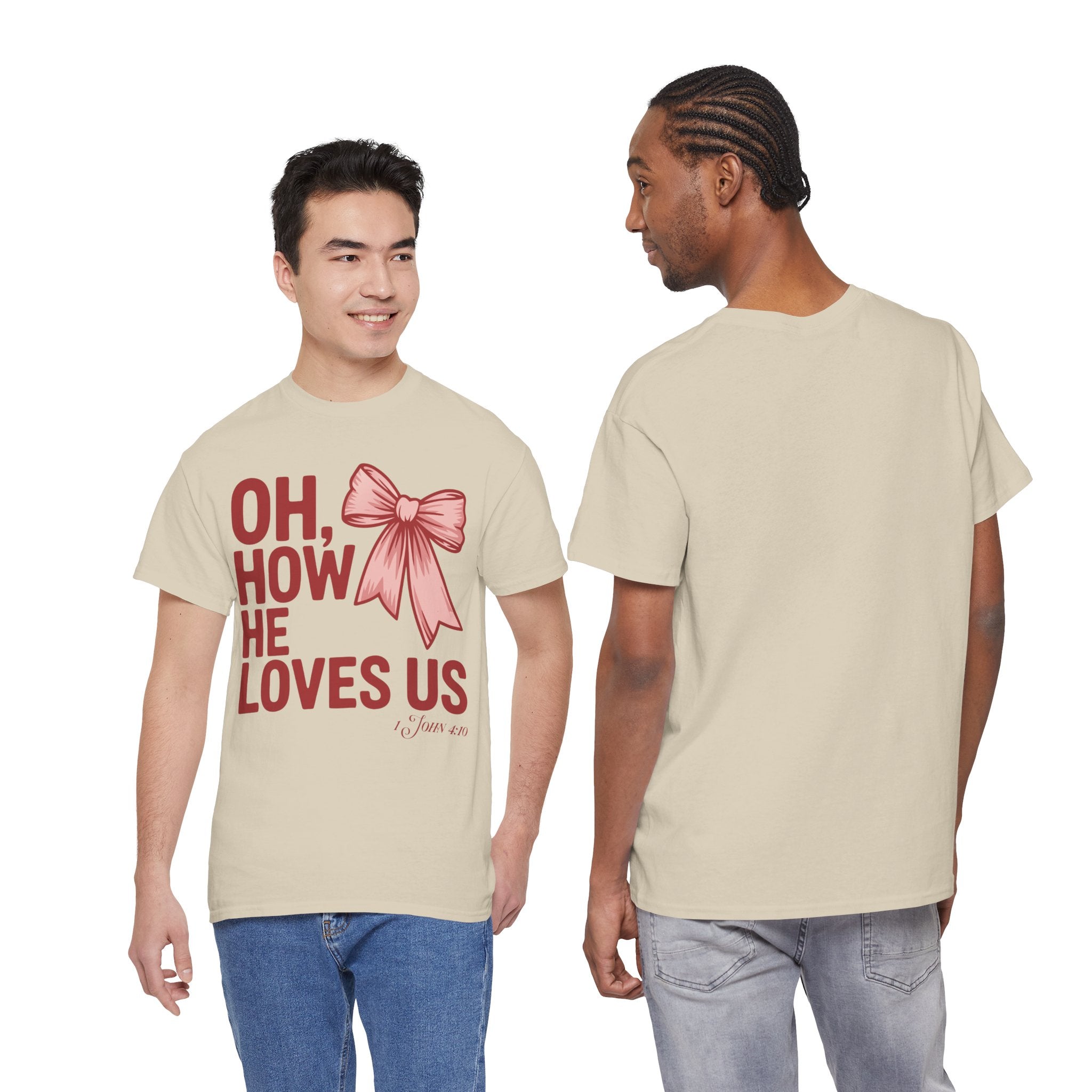 Oh, How He Loves Us Christian Valentine Tee — 1 John 4:10 Red & Pink Unisex Cotton Tee
