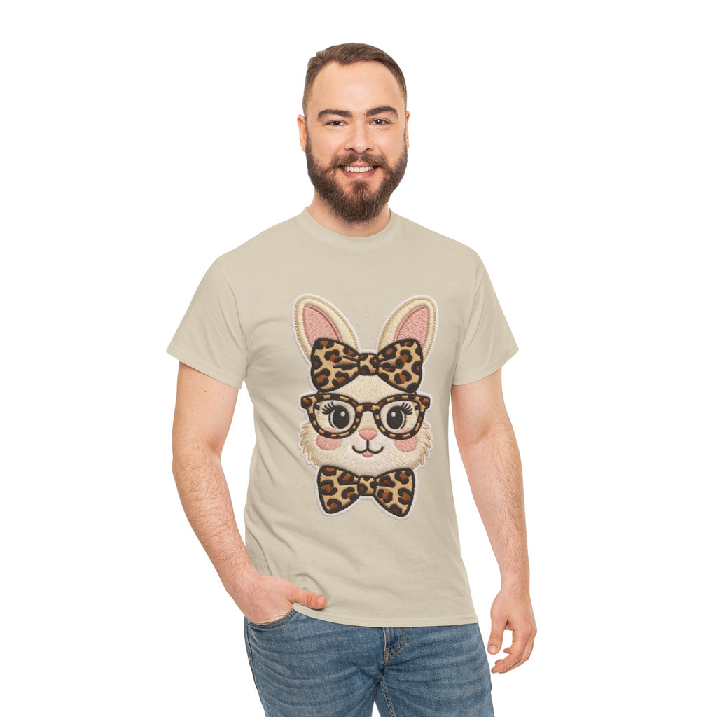 Leopard Bow Bunny Embroidered Tee — Cute Bunny Face with Glasses Patch Unisex Cotton Tee