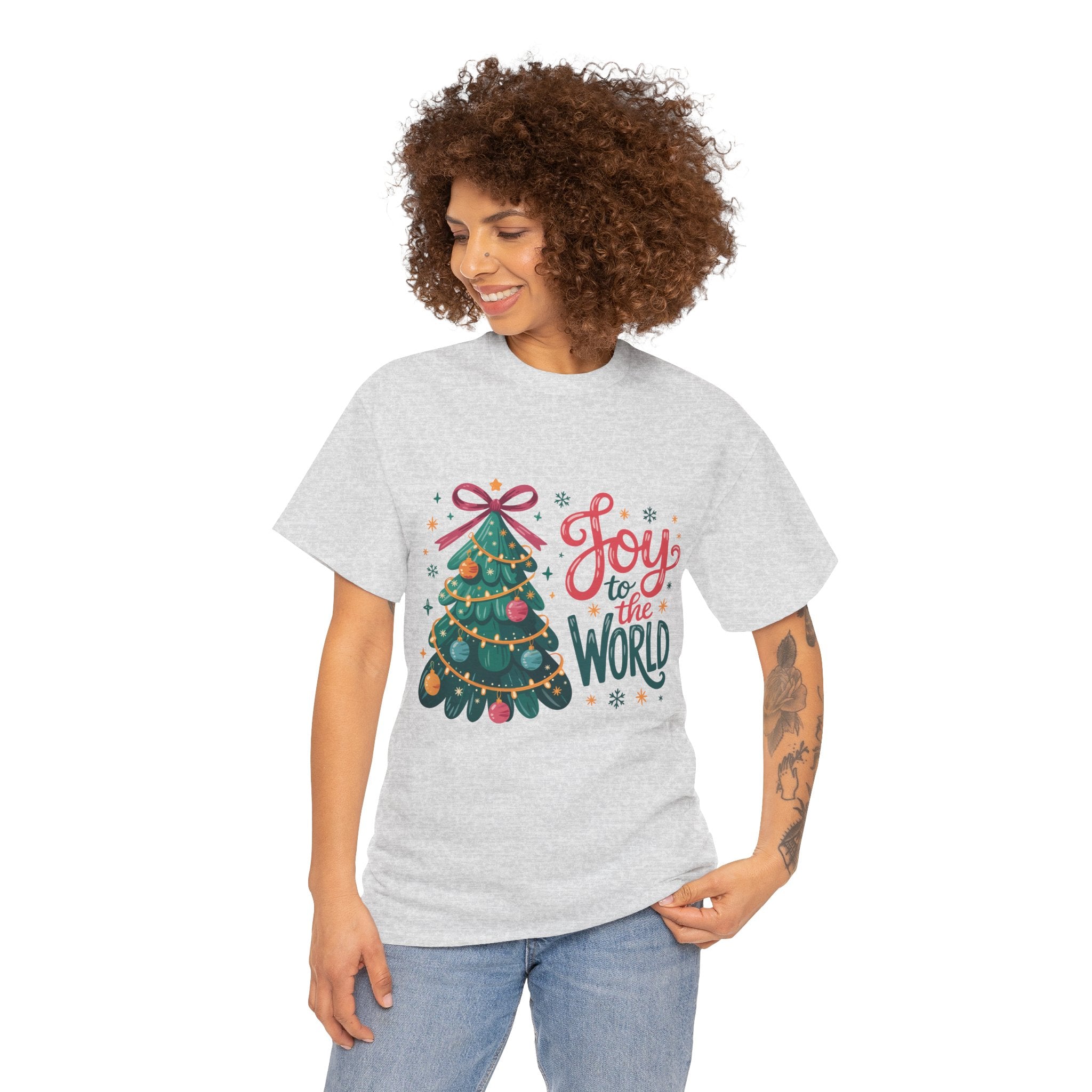 Joy to the World Christmas Tee — Festive Tree with Pink Bow..Unisex Cotton Tee