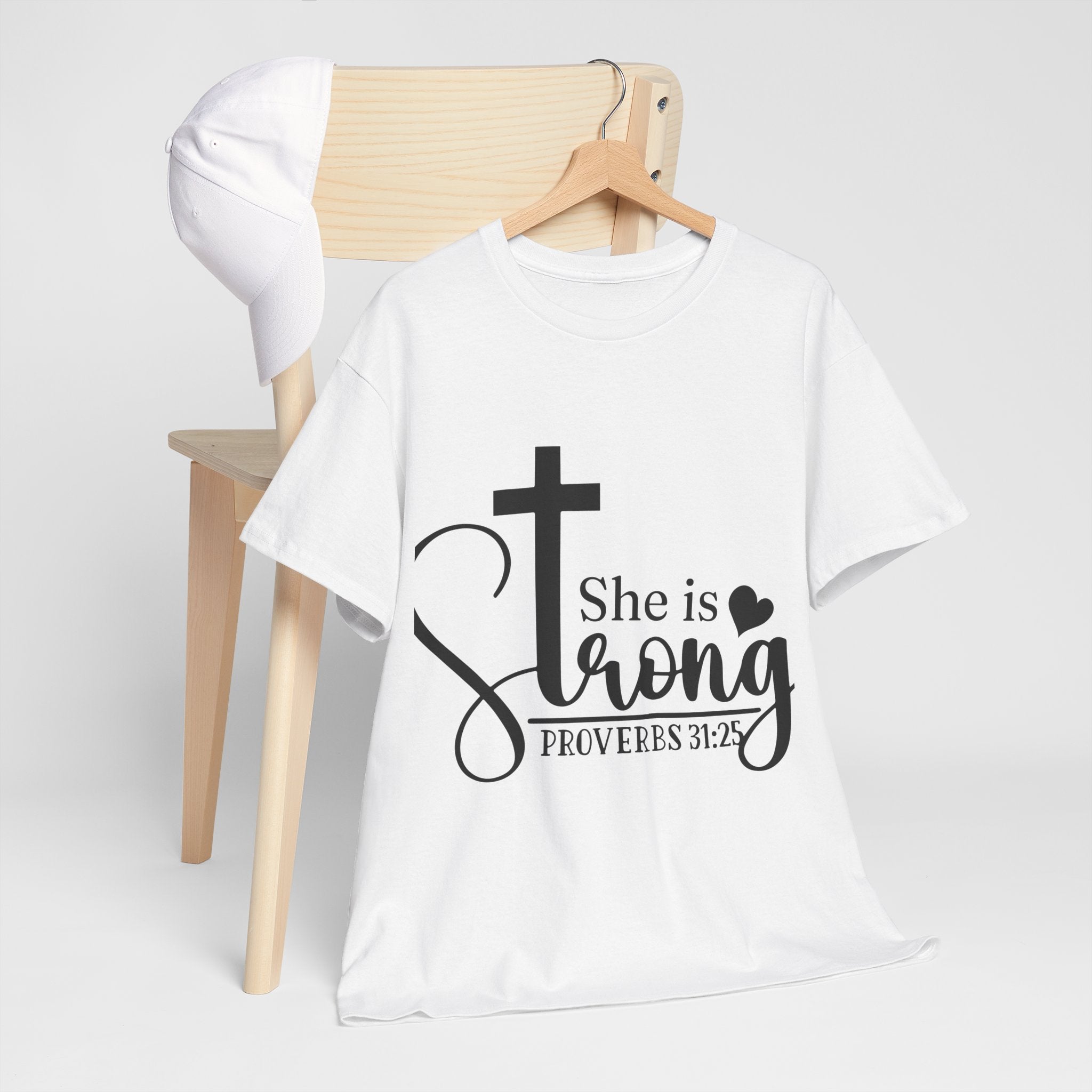 Proverbs 31:25 'She is Strong' T-Shirt – Christian Cross & Heart Unisex Cotton Tee