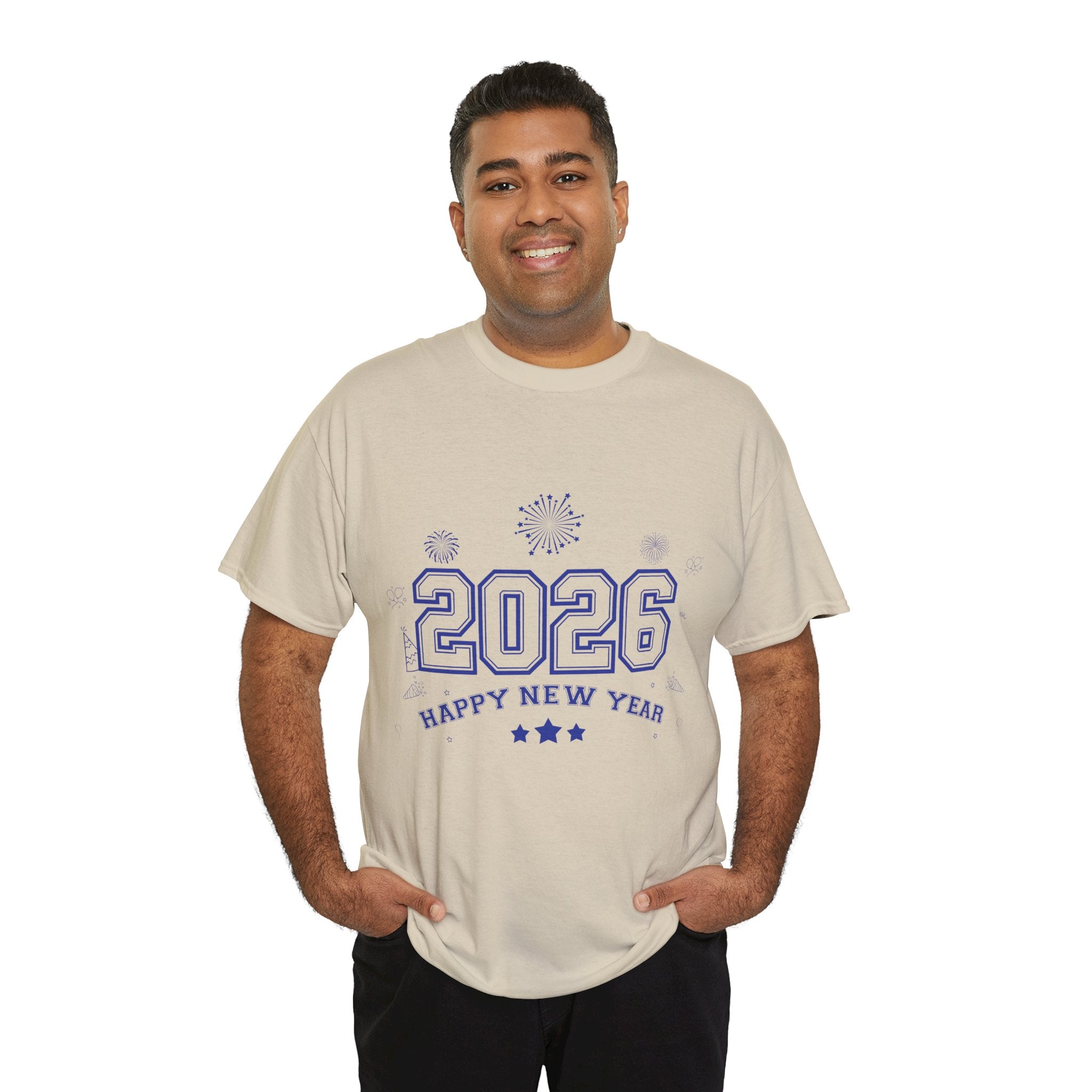 Happy New Year 2026 Varsity Tee — Fireworks & Confetti Celebration Unisex Cotton Tee