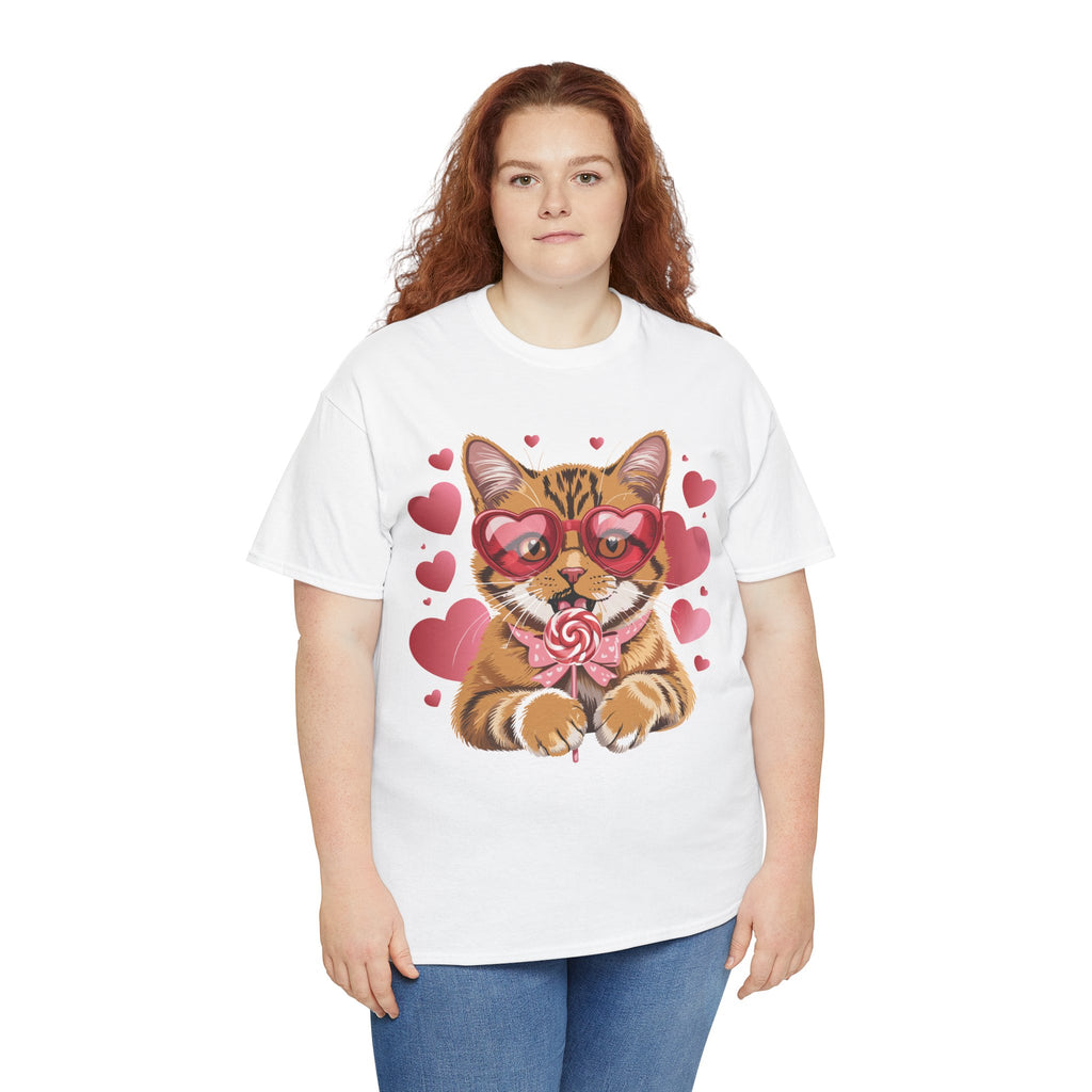 Valentine Cat Tee — Heart Glasses, Lollipop Bow Unisex Cotton Tee