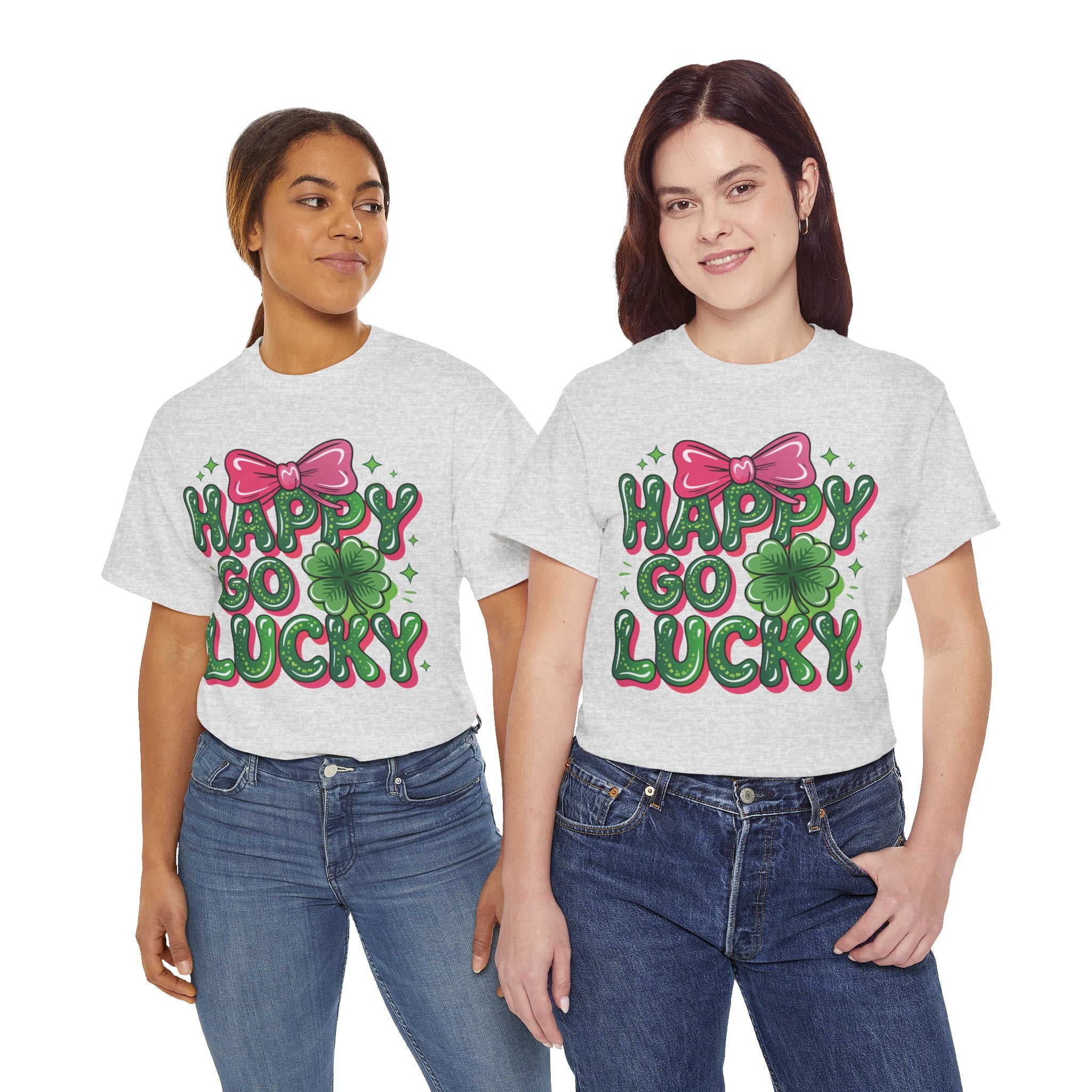 Happy Go Lucky Four-Leaf Clover Tee — Glossy Green Letters & Pink Bow Unisex Cotton Tee