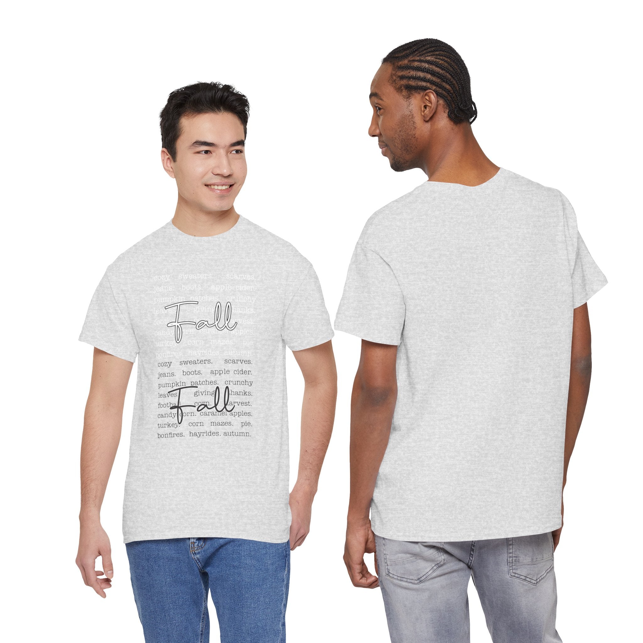 Fall Cursive Typography T-Shirt — Sweaters, Cider & Pumpkins. Unisex Cotton Tee