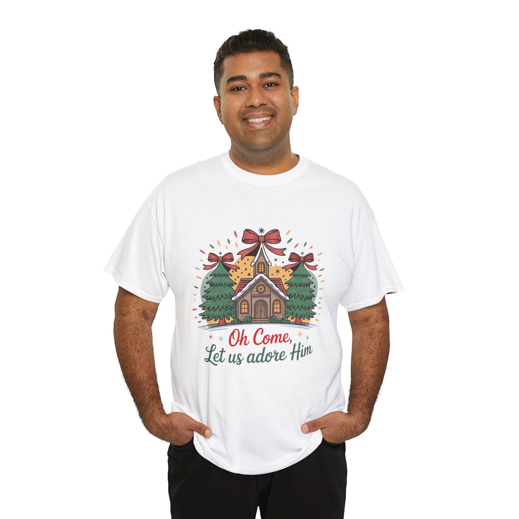 Oh Come Let Us Adore Him Christmas Tee — Church & Trees Holiday Unisex Cotton Tshirt