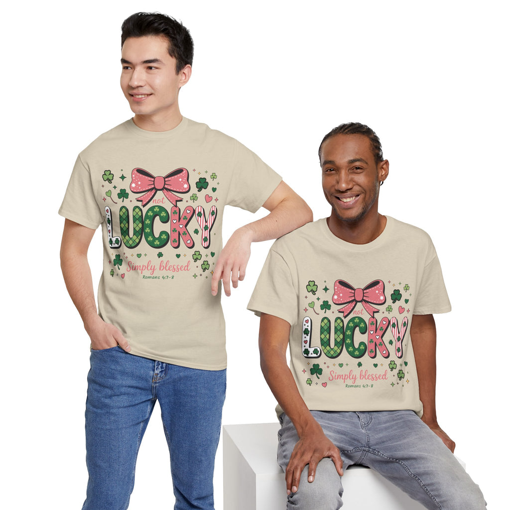 Simply Blessed Tee — “Not Lucky, Simply Blessed” with Pastel Bow, Clovers & Romans 4:7-8 Unisex Cotton Tee
