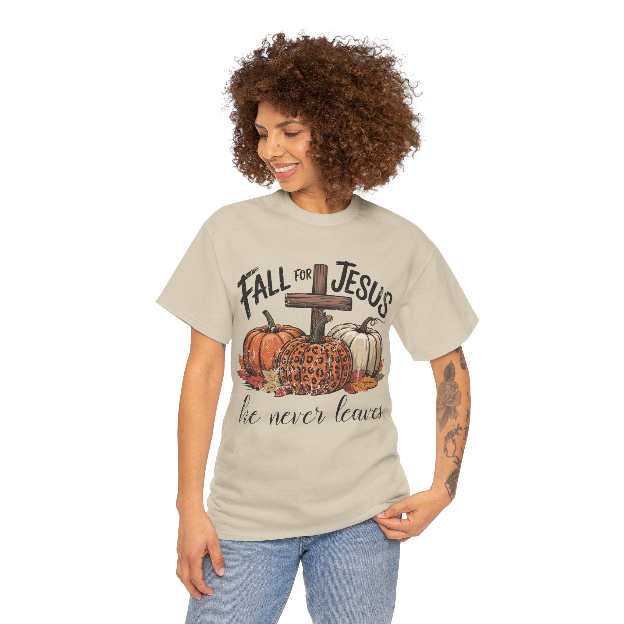 Fall for Jesus Pumpkin Cross Tee — "He Never Leaves" Autumn Christian Unisex Cotton T-Shirt