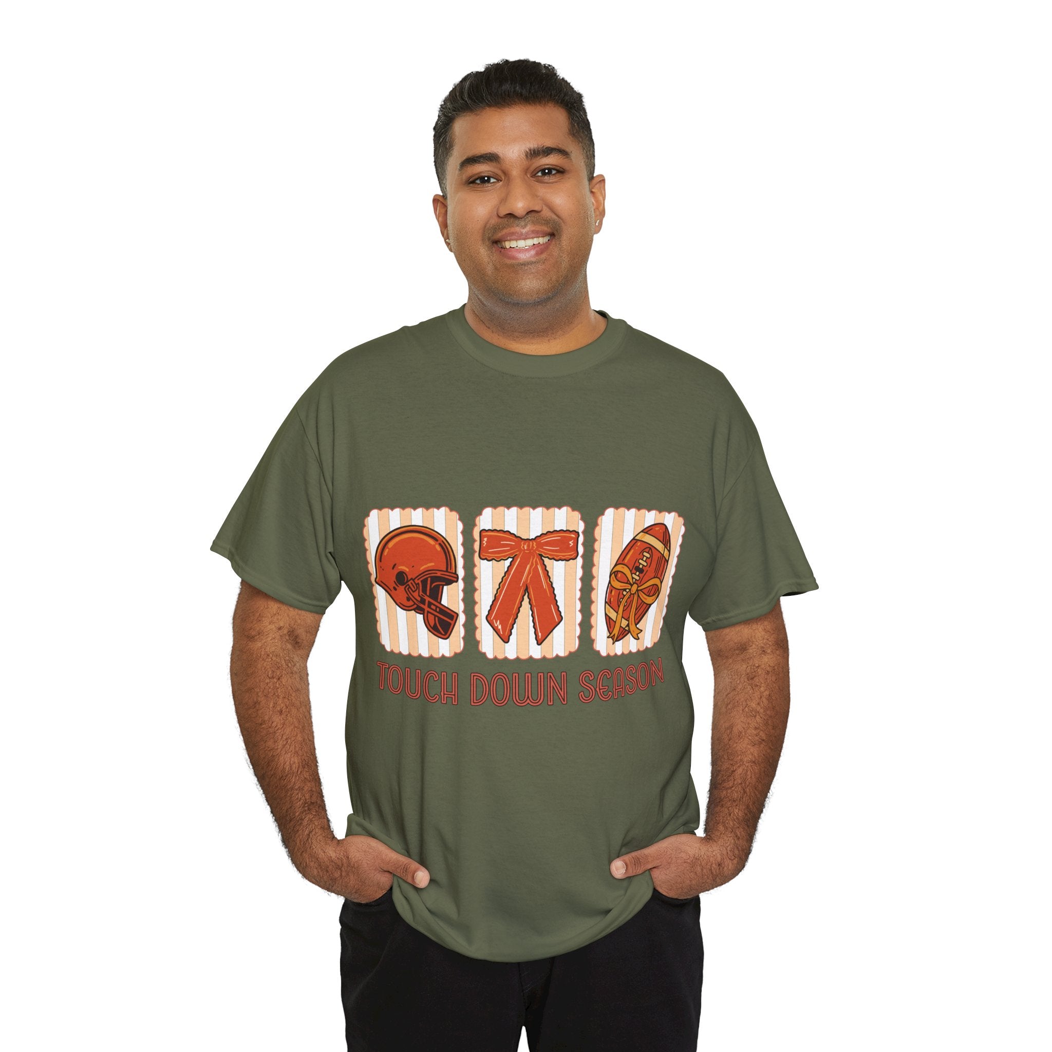 Touch Down Season Football Tee — Striped Fall Helmet & Bow Design Unisex Cotton Tee