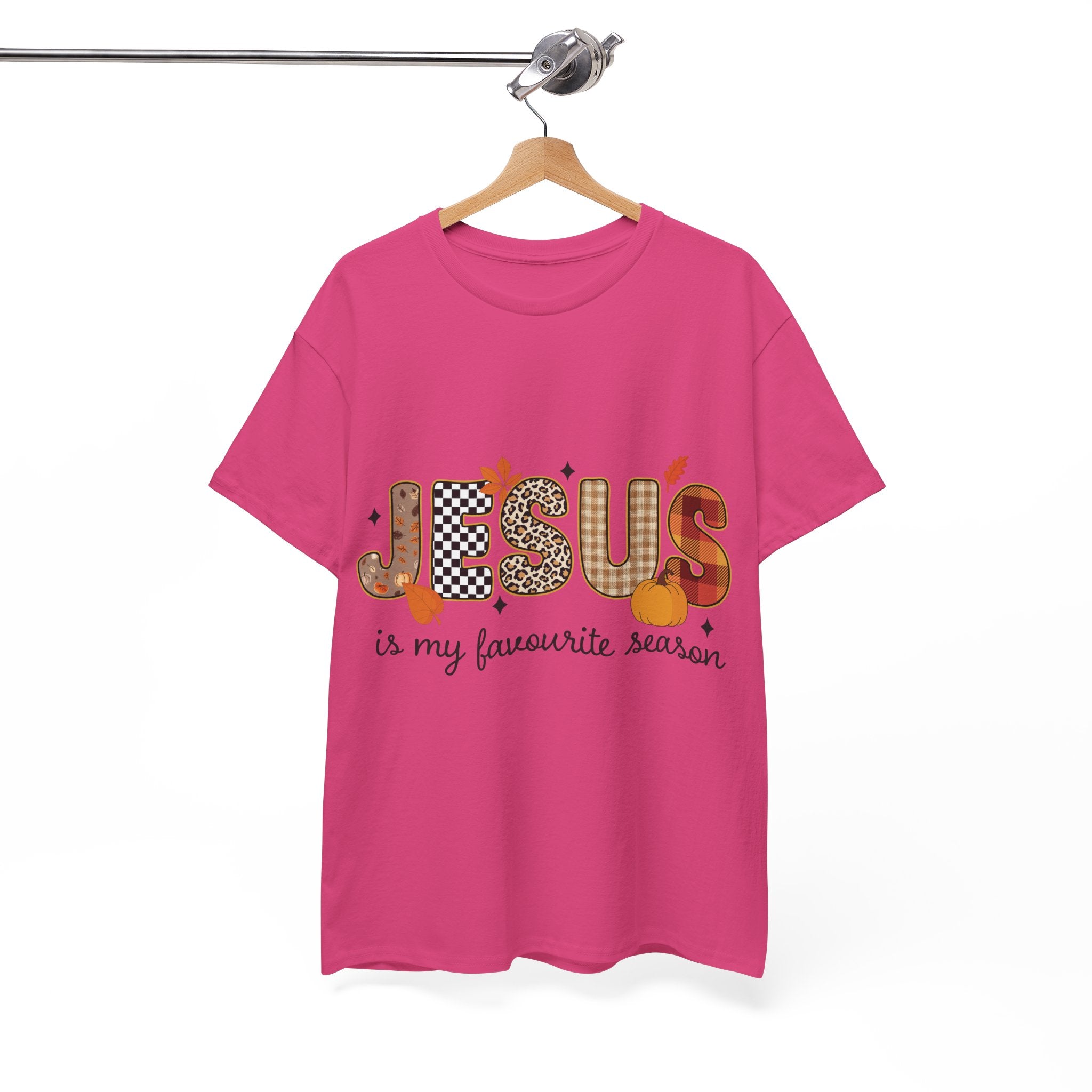 Jesus Is My Favorite Season Tee — Autumn Plaid & Leopard Lettering Unisex Cotton Tee