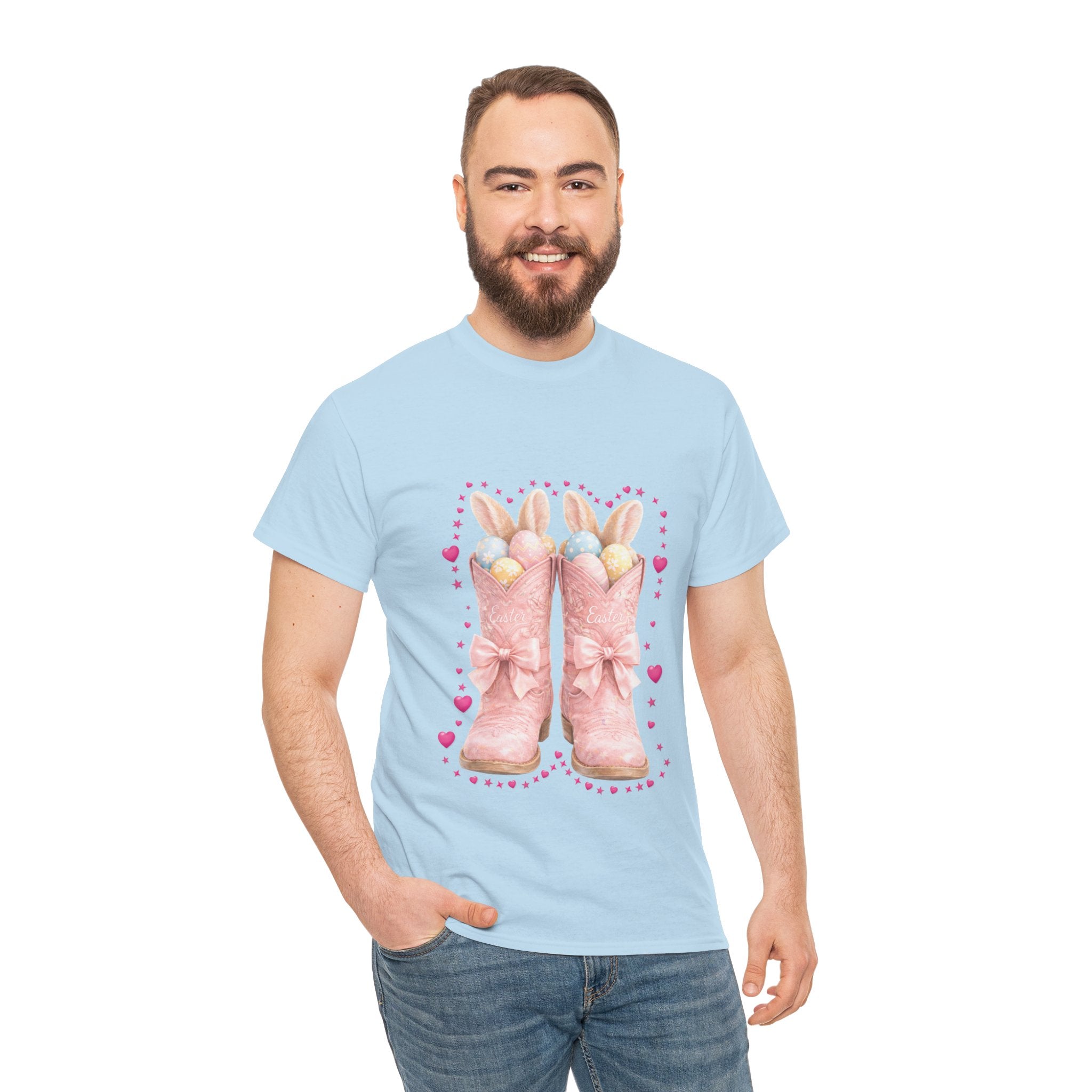 Easter Pink Western Boots Tee — Pastel Bunny Eggs & Bows Unisex Cotton Tee
