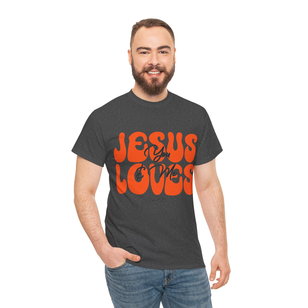 Jesus Loves You & Me Retro Tee — Playful Orange Bubbly Christian Unisex Cotton T-Shirt