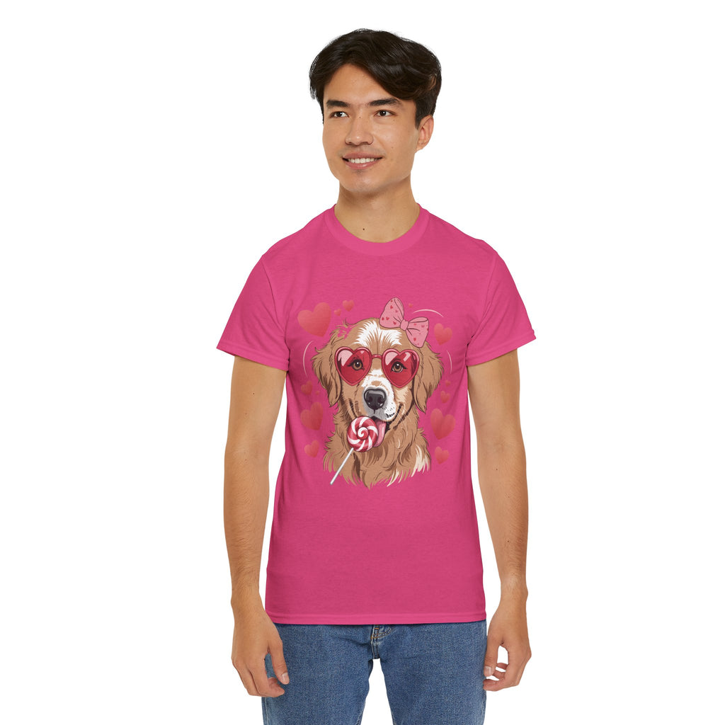 Valentine Dog T-Shirt — Cute Pup with Heart Glasses, Pink Bow & Lollipop..Unisex Cotton Tee
