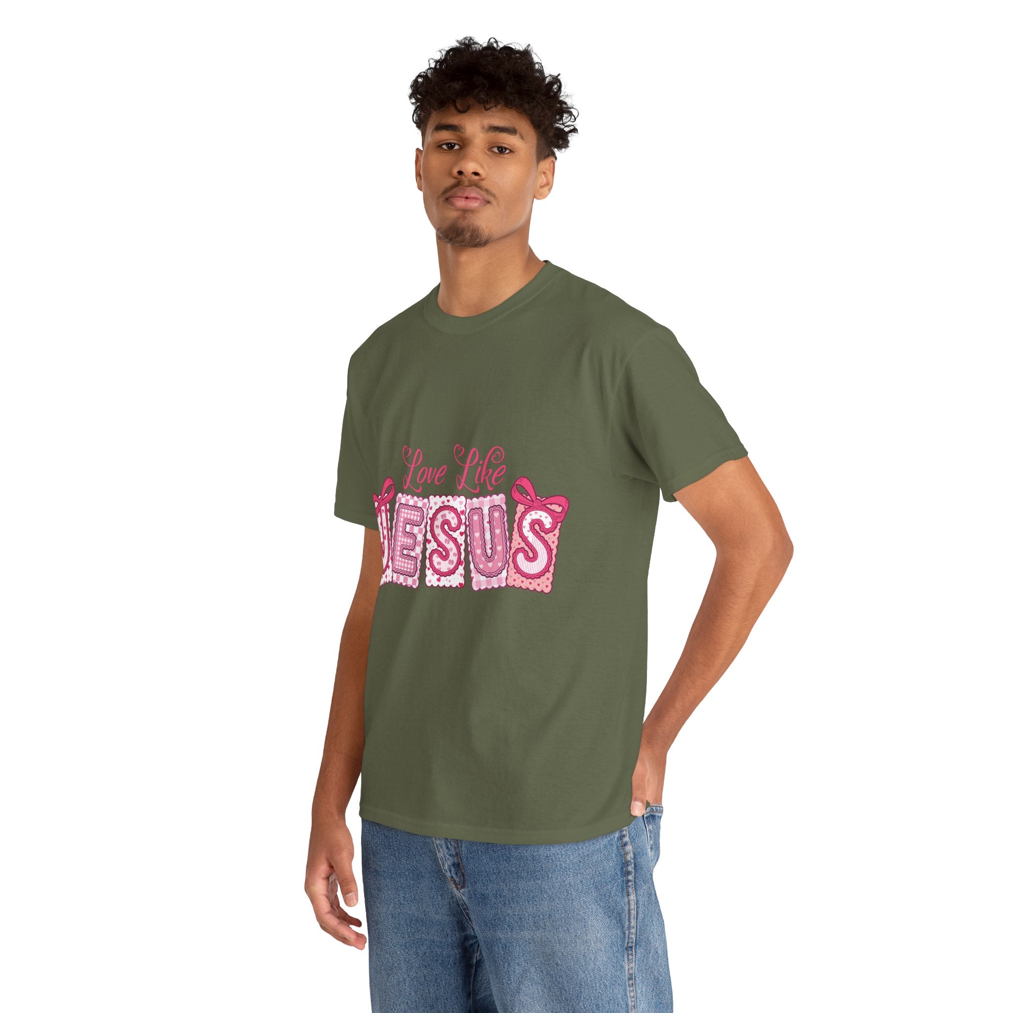 Love Like Jesus Patchwork Tee — Pink Stitched Heart Graphic.Unisex Cotton Tee