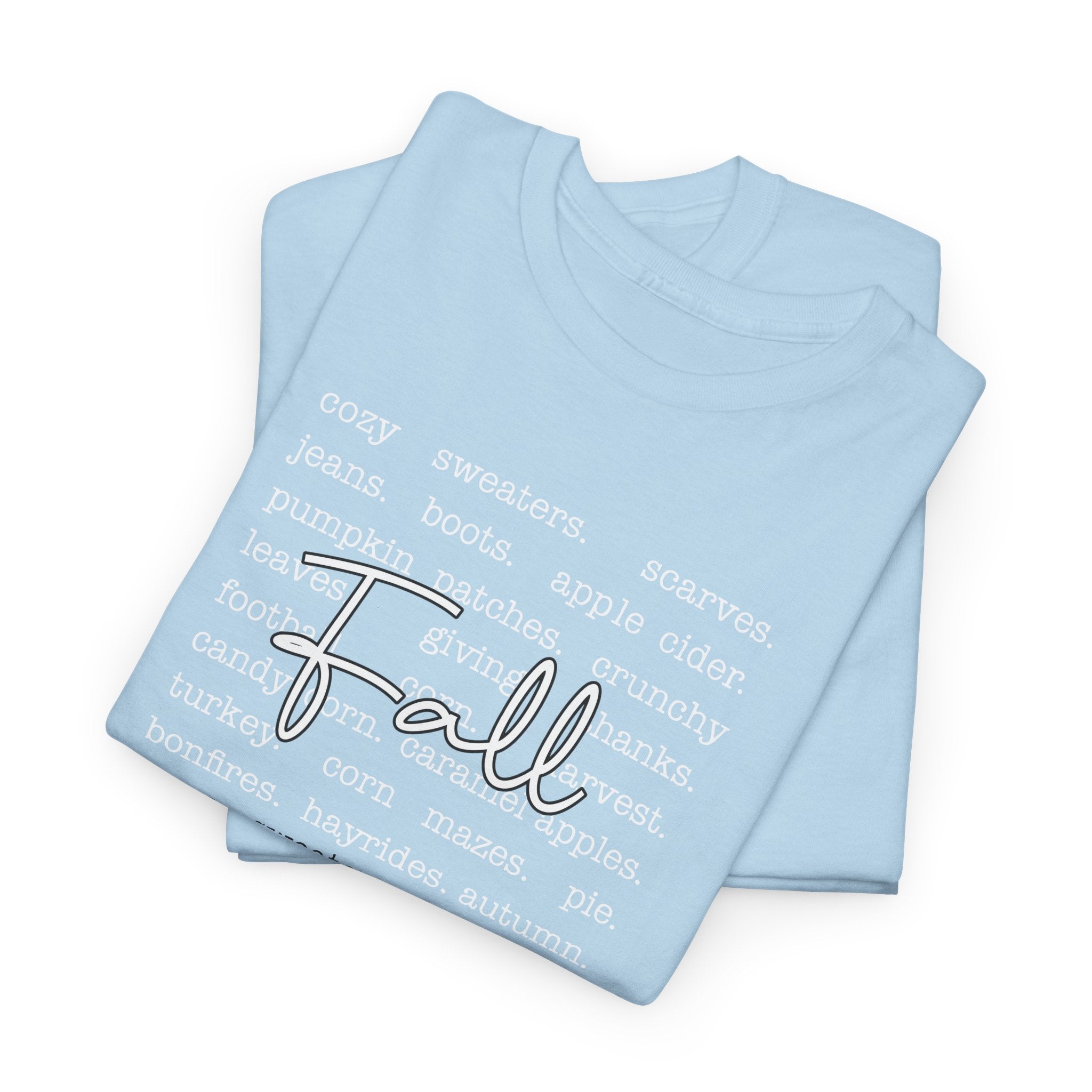 Fall Cursive Typography T-Shirt — Sweaters, Cider & Pumpkins. Unisex Cotton Tee
