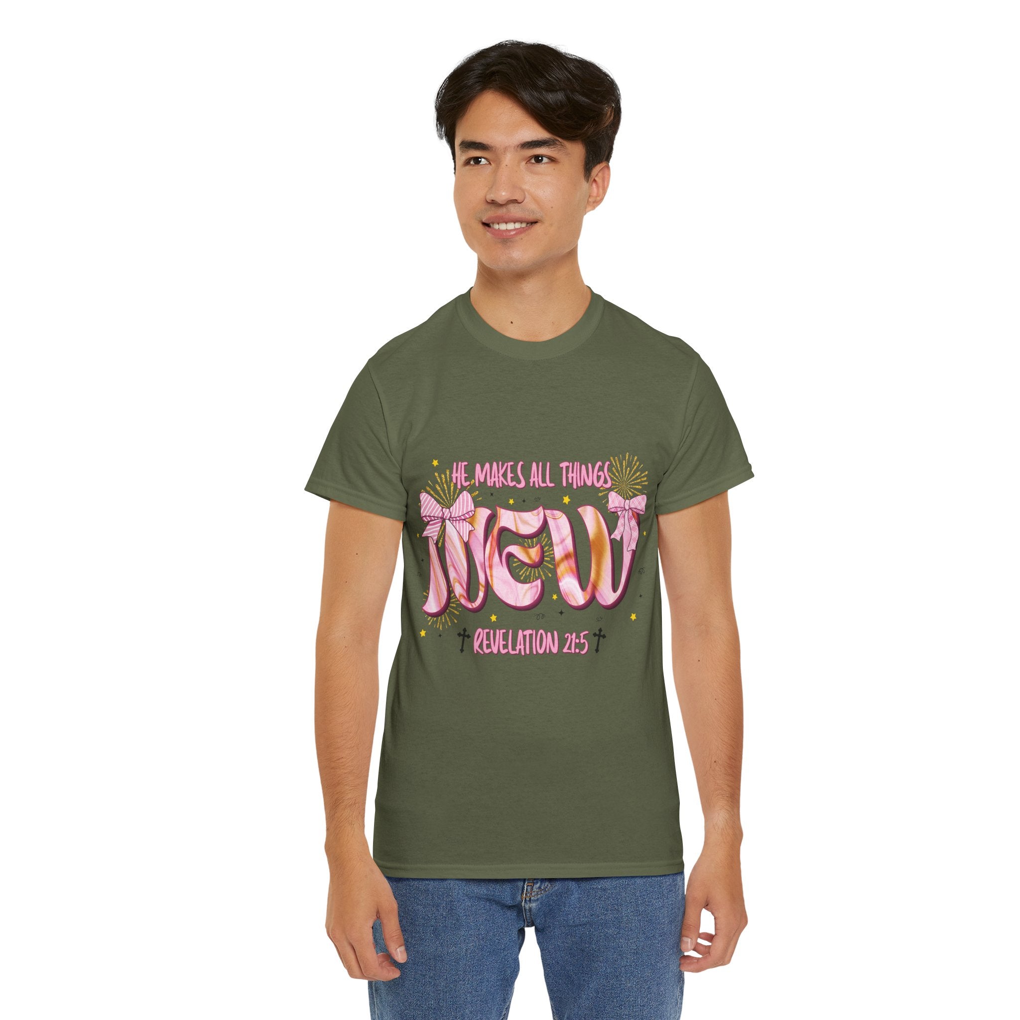 Christian Marble Tee — “He Makes All Things New” (Revelation 21:5)... Unisex Cotton Tee